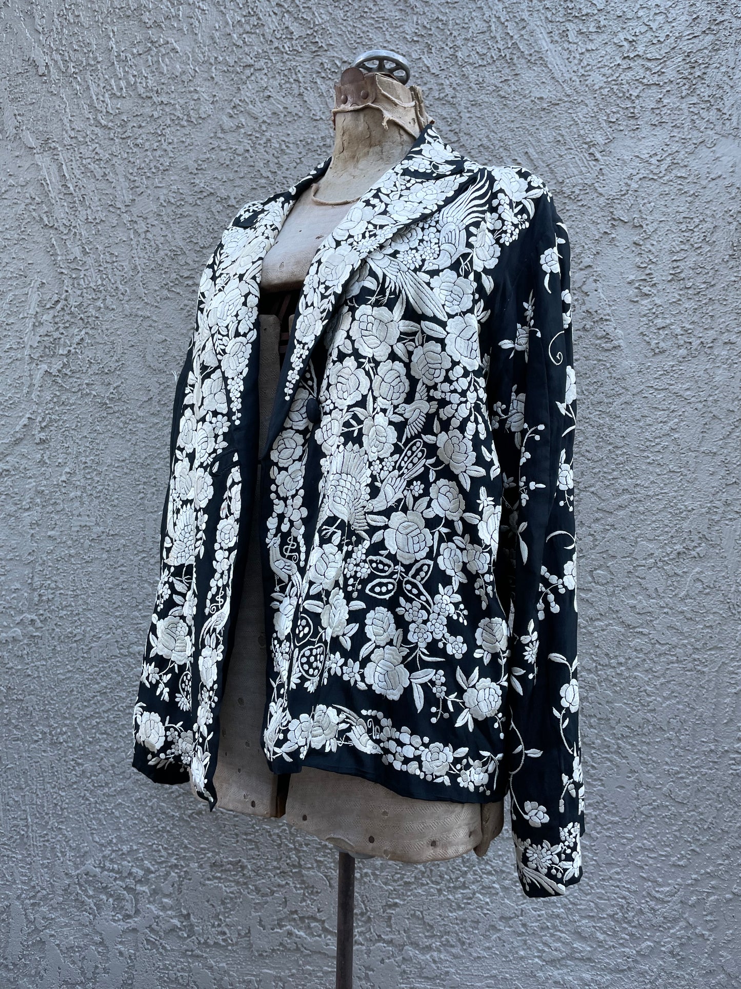 1920s Chinese Densely Embroidered Peacock Floral Silk Coat