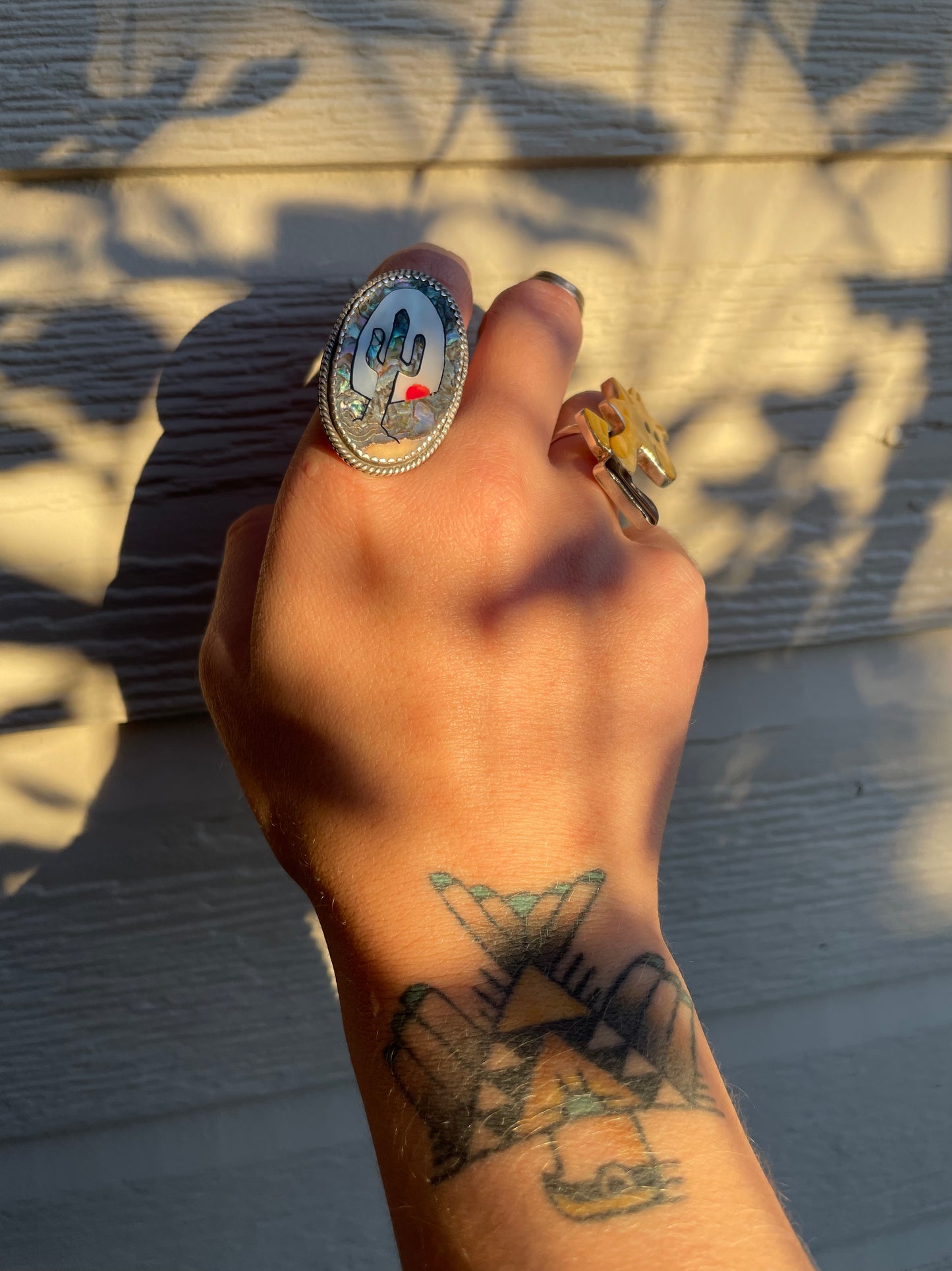 1970s Sterling Inlay Abalone Cactus & Sunset Ring