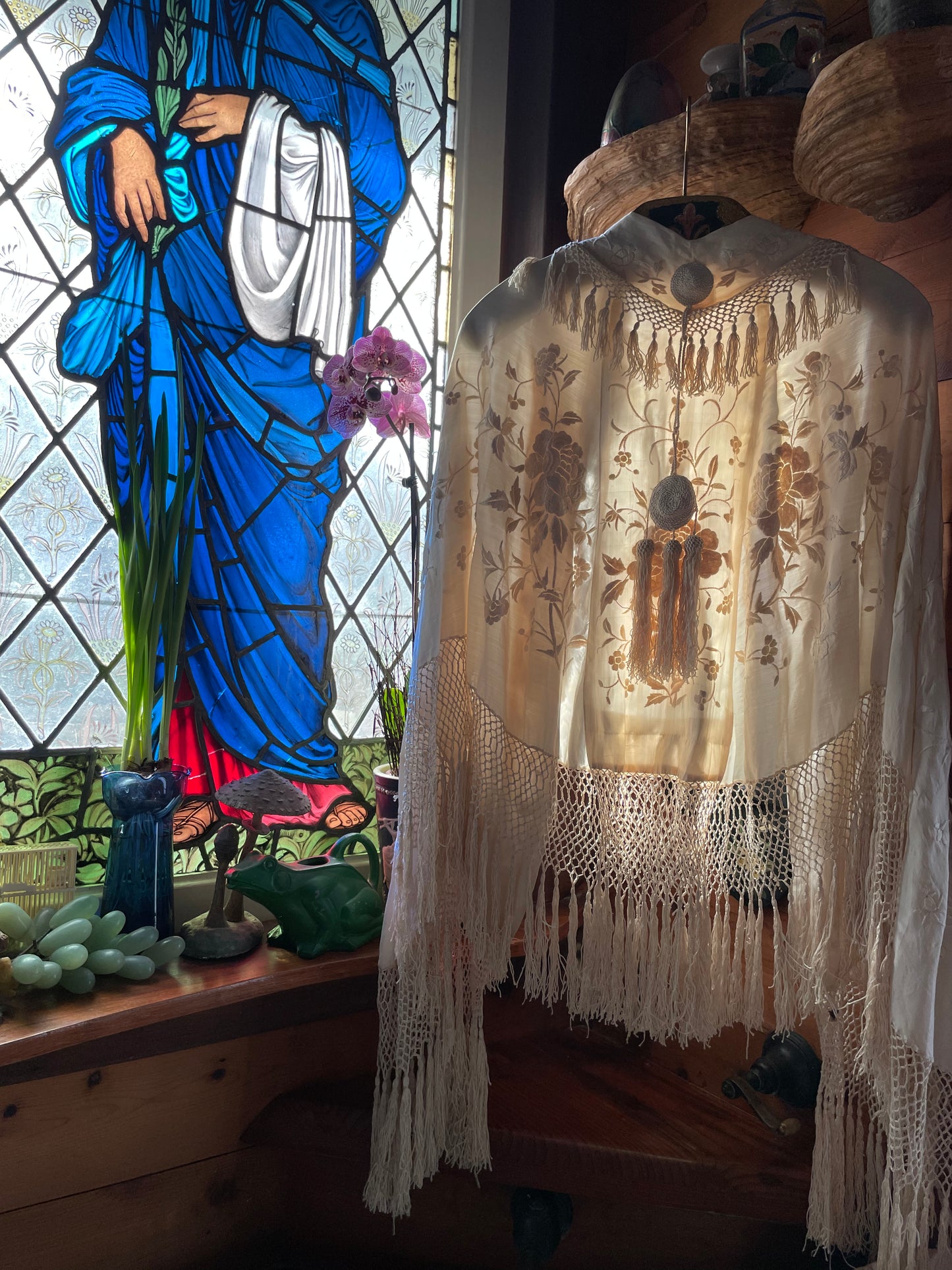 Antique Embroidered Silk Knotted Fringe Shawl