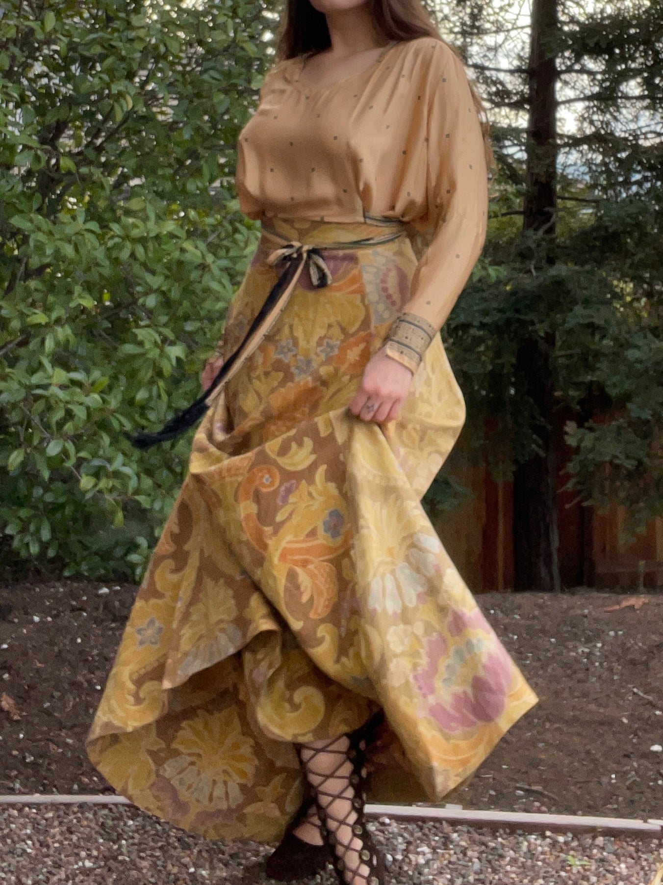 Early 1900s Heavy Linen Handmade Deco Floor Length Skirt