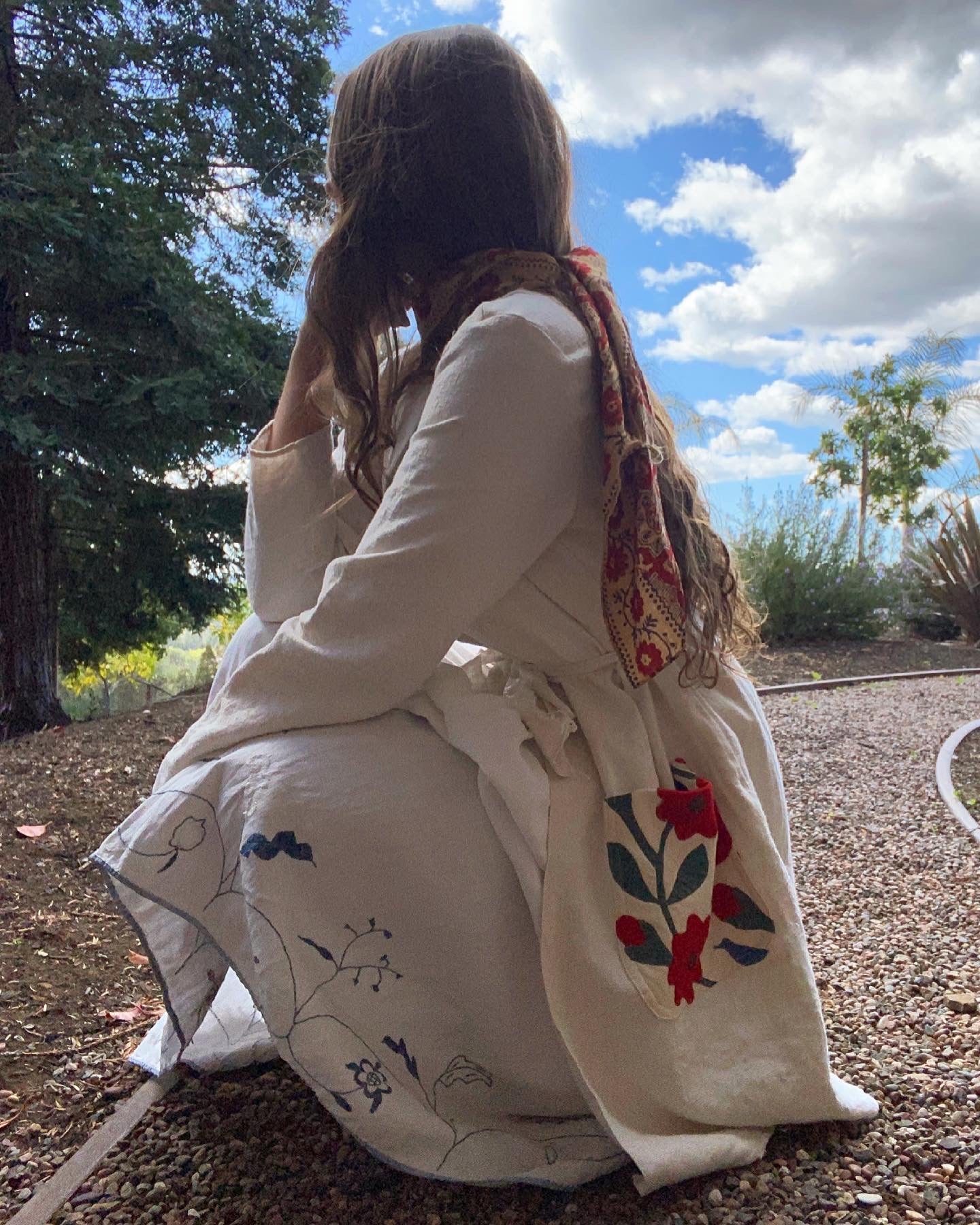Antique Europen Linen and Cornflower Blue Floral Embroidered Skirt