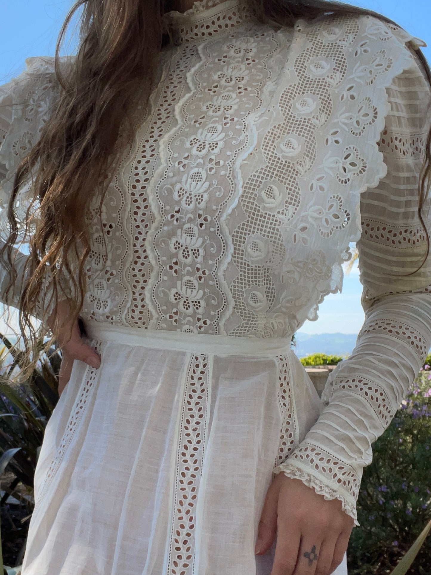 Victorian High Neck Cotton Lawn Lace Inset Dress