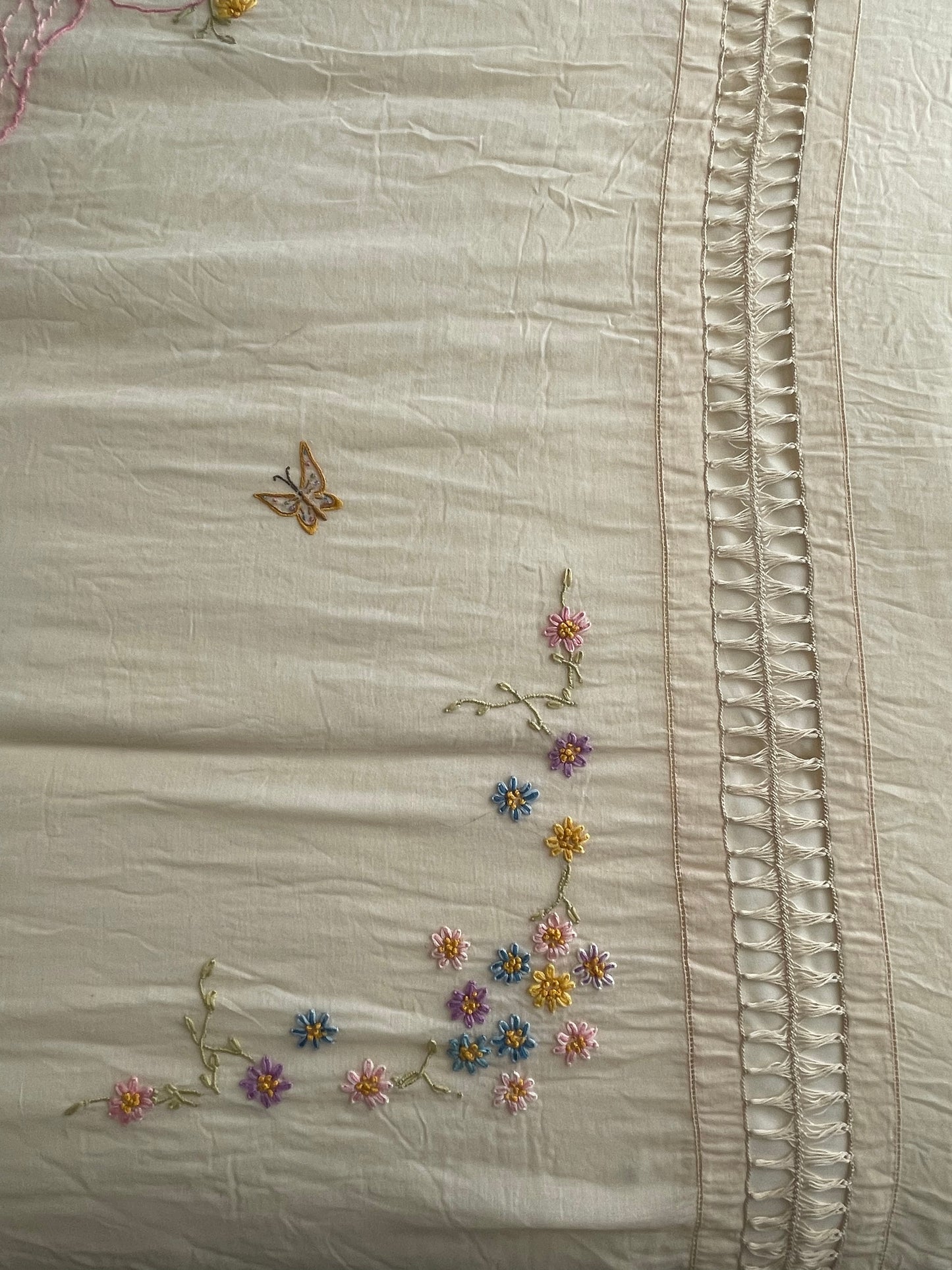 Antique 1900s Embroidered Flower Basket Bed Cover
