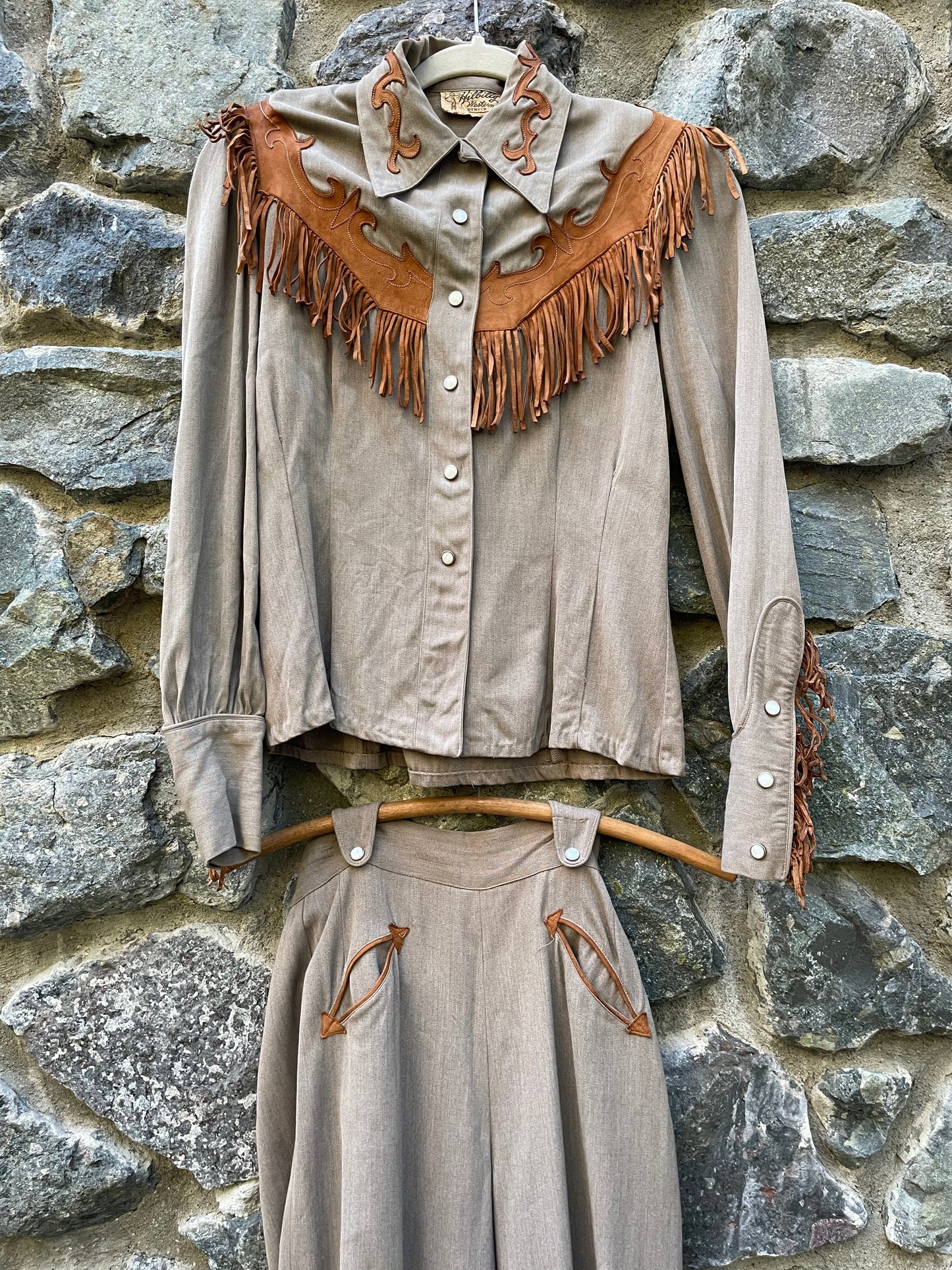 1940s HIlbilly Westerns Two Piece Gabardine & Fringe Cowgirl Slack Suit