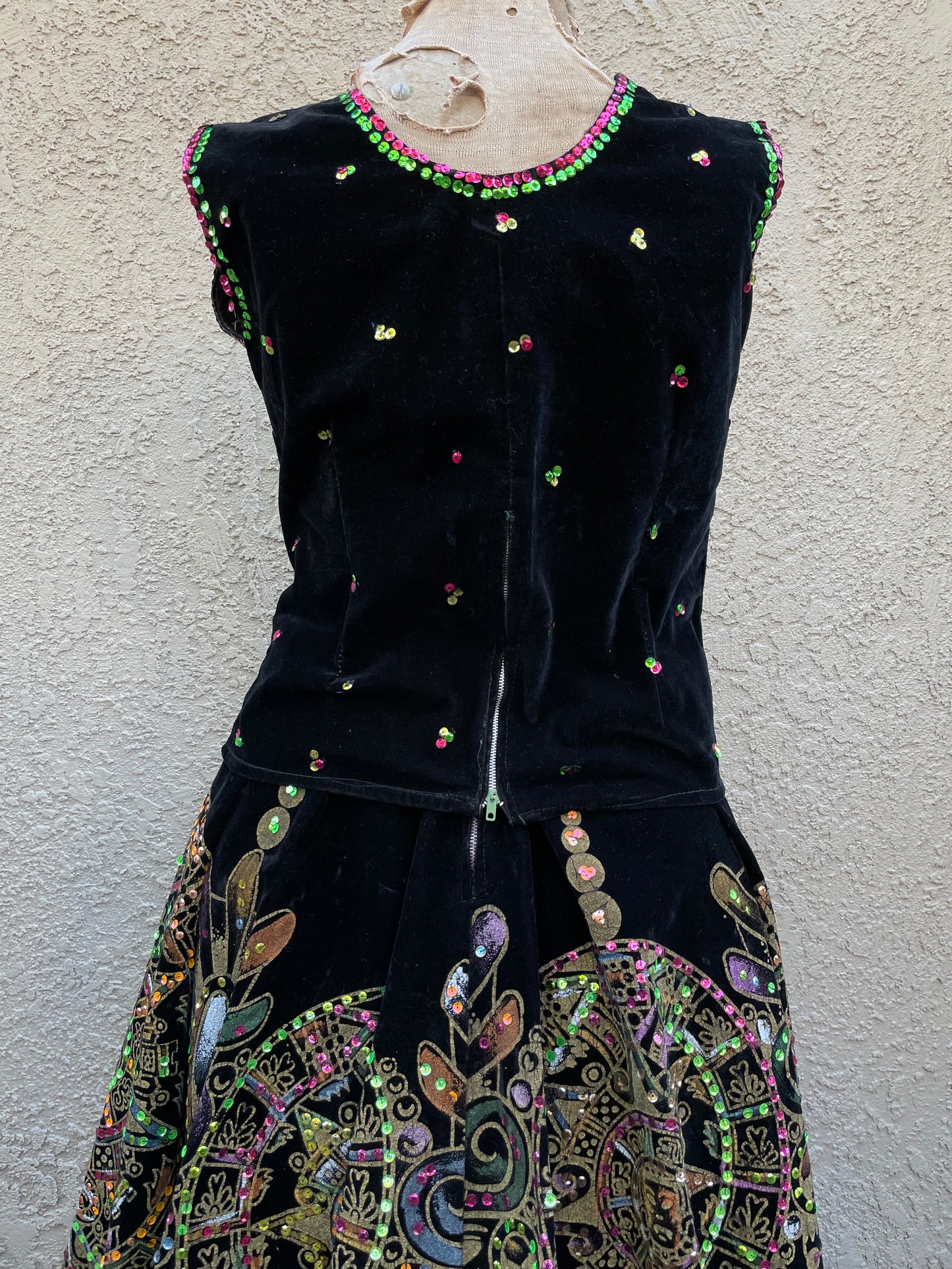 1950s Mexican Hand Painted Velvet Sequin Two Piece