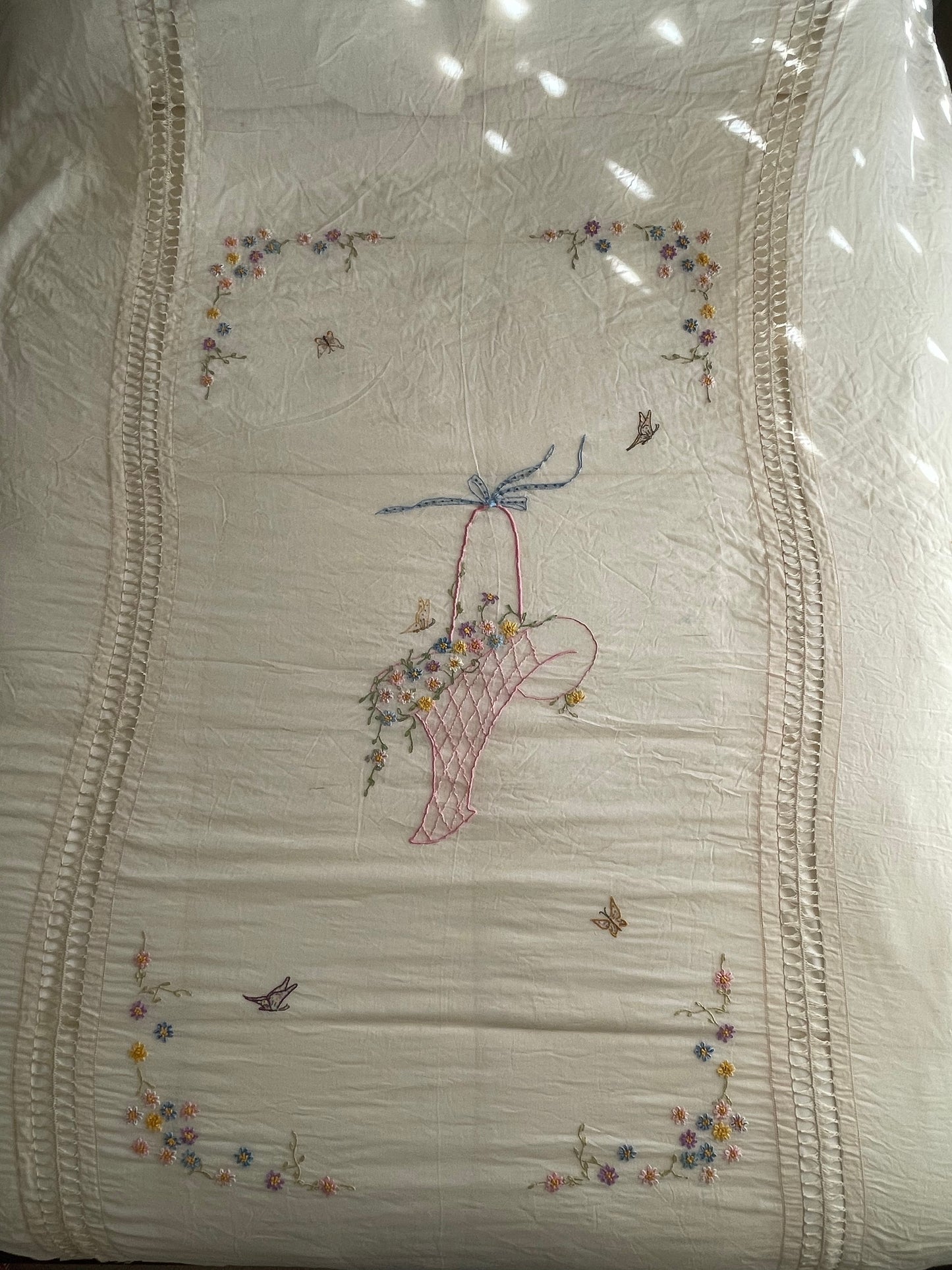 Antique 1900s Embroidered Flower Basket Bed Cover