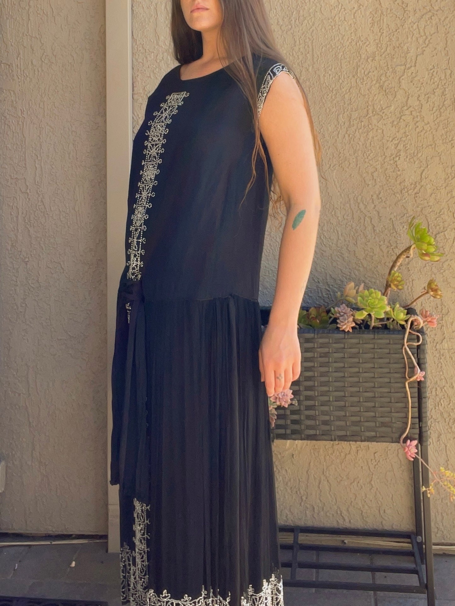 1920s Beaded Chiffon and Crepe Bow Dress
