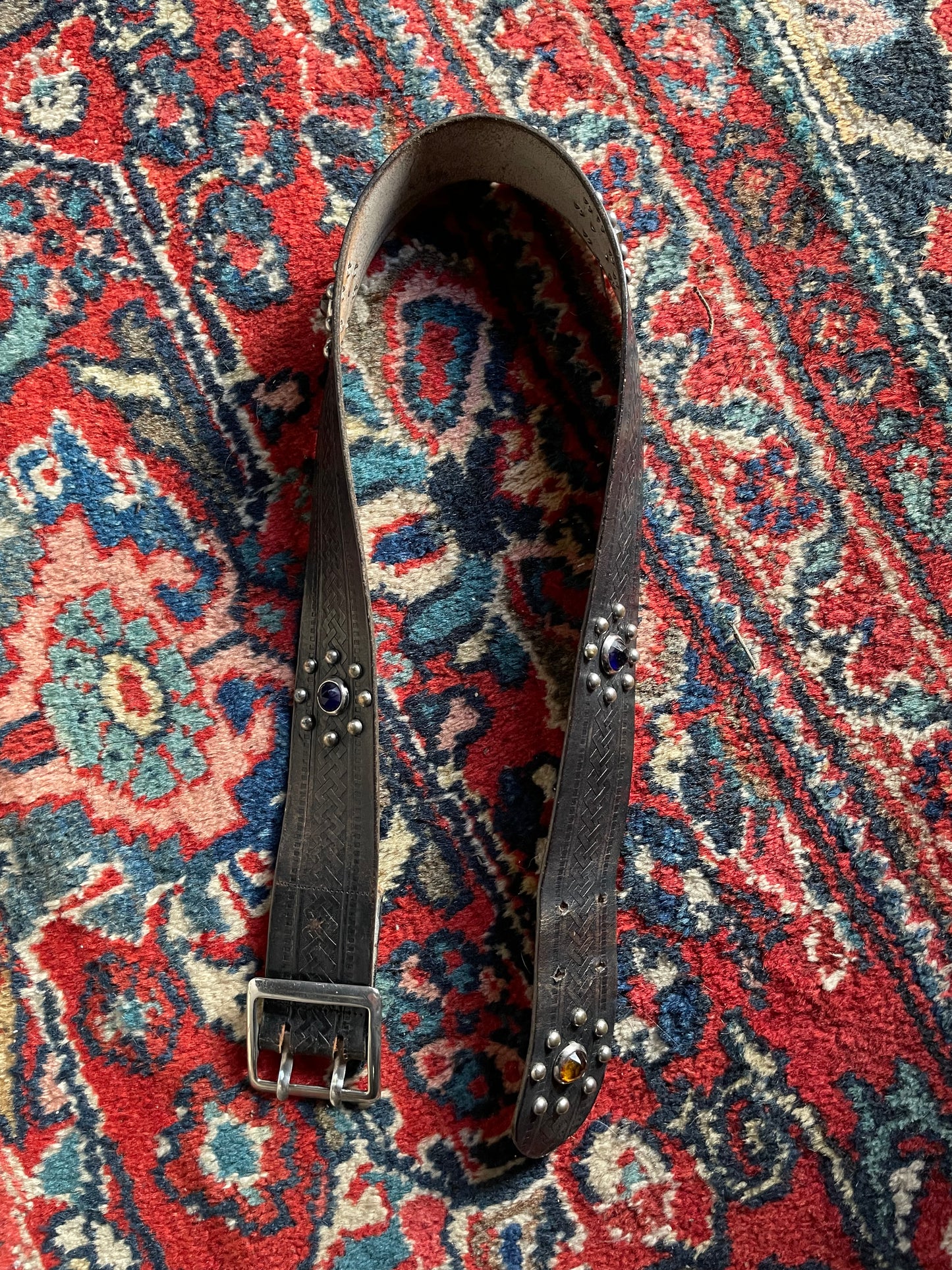 1950s Studded Jeweled Engraved Leather Belt