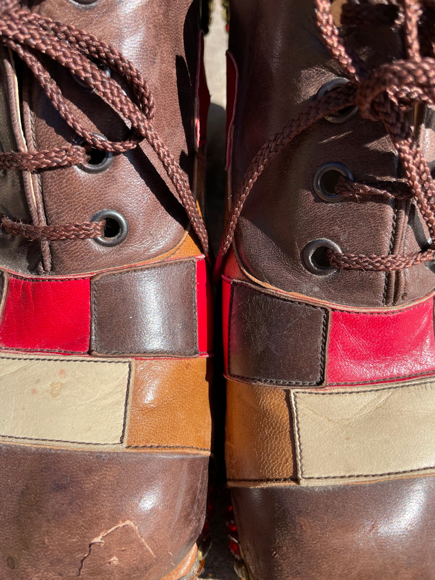 Rare Late 60s Early 70s Patchwork Leather Rhinestone Platforms