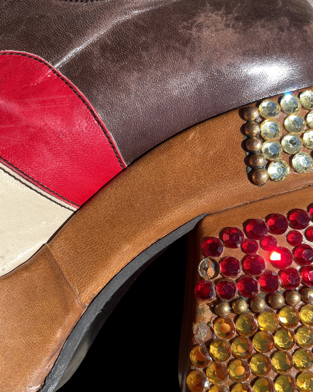 Rare Late 60s Early 70s Patchwork Leather Rhinestone Platforms