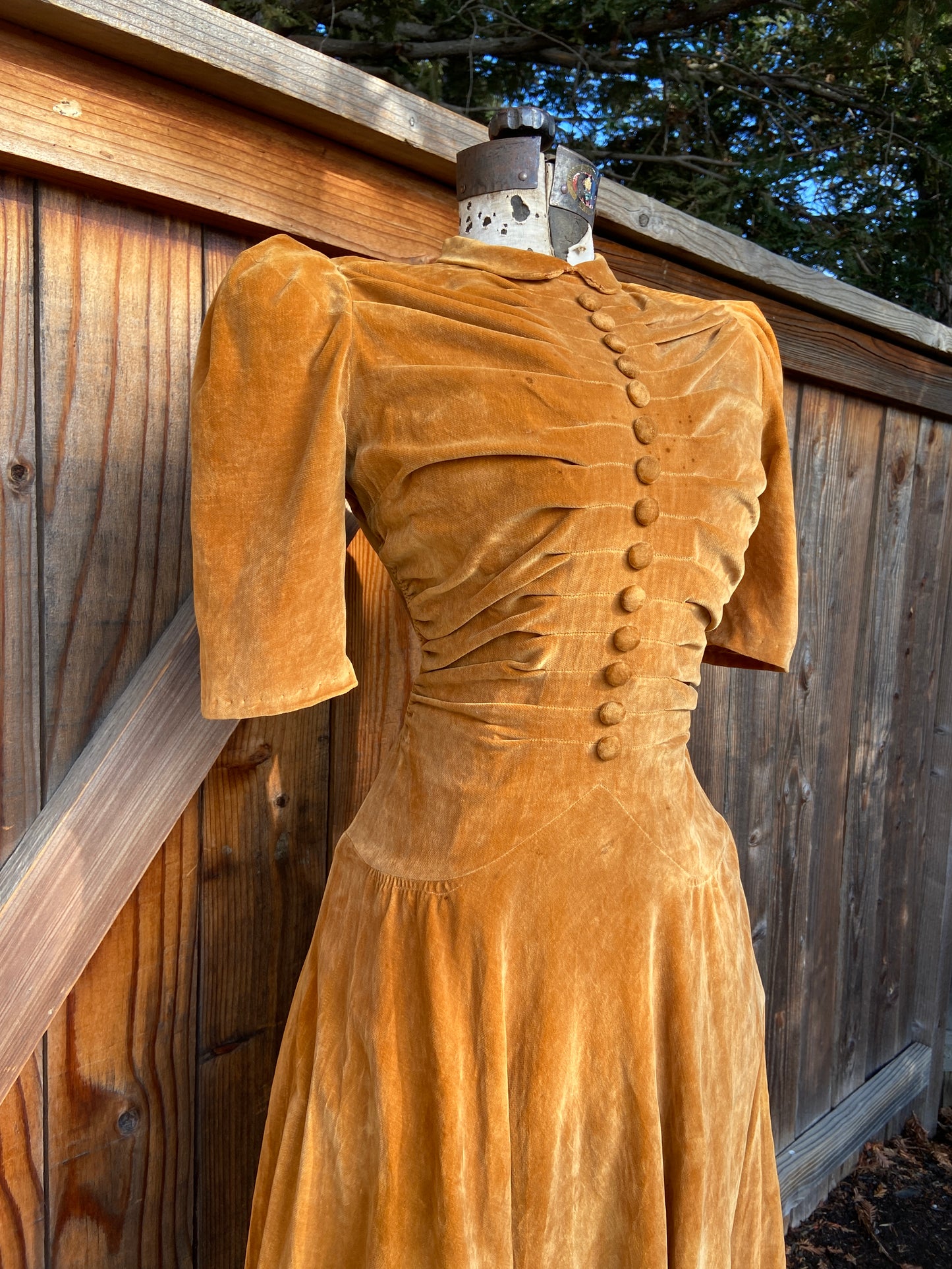 1930s Copper Crushed Velvet Puff Sleeve Dress