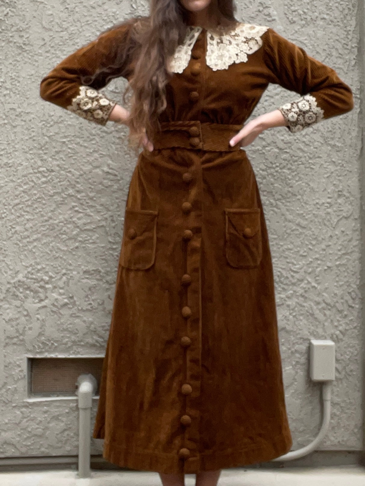Antique 1910s Corduroy Button Front Day Dress