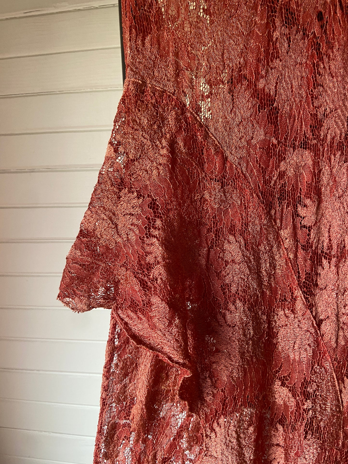1930s Coral Bias Cut Lace Dress