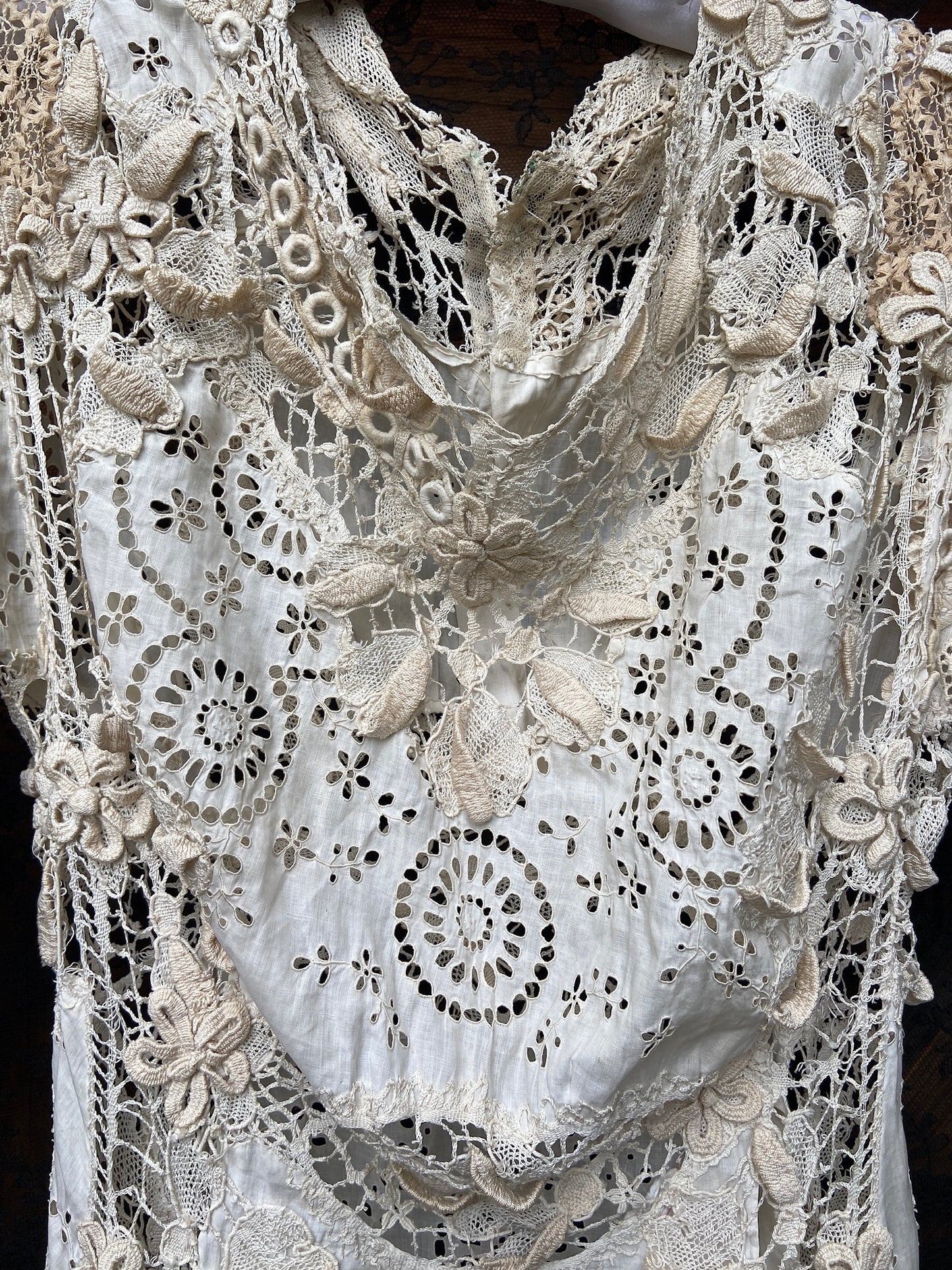Antique Titanic Era Hand Sewn Eyelet Irish Lace Gown