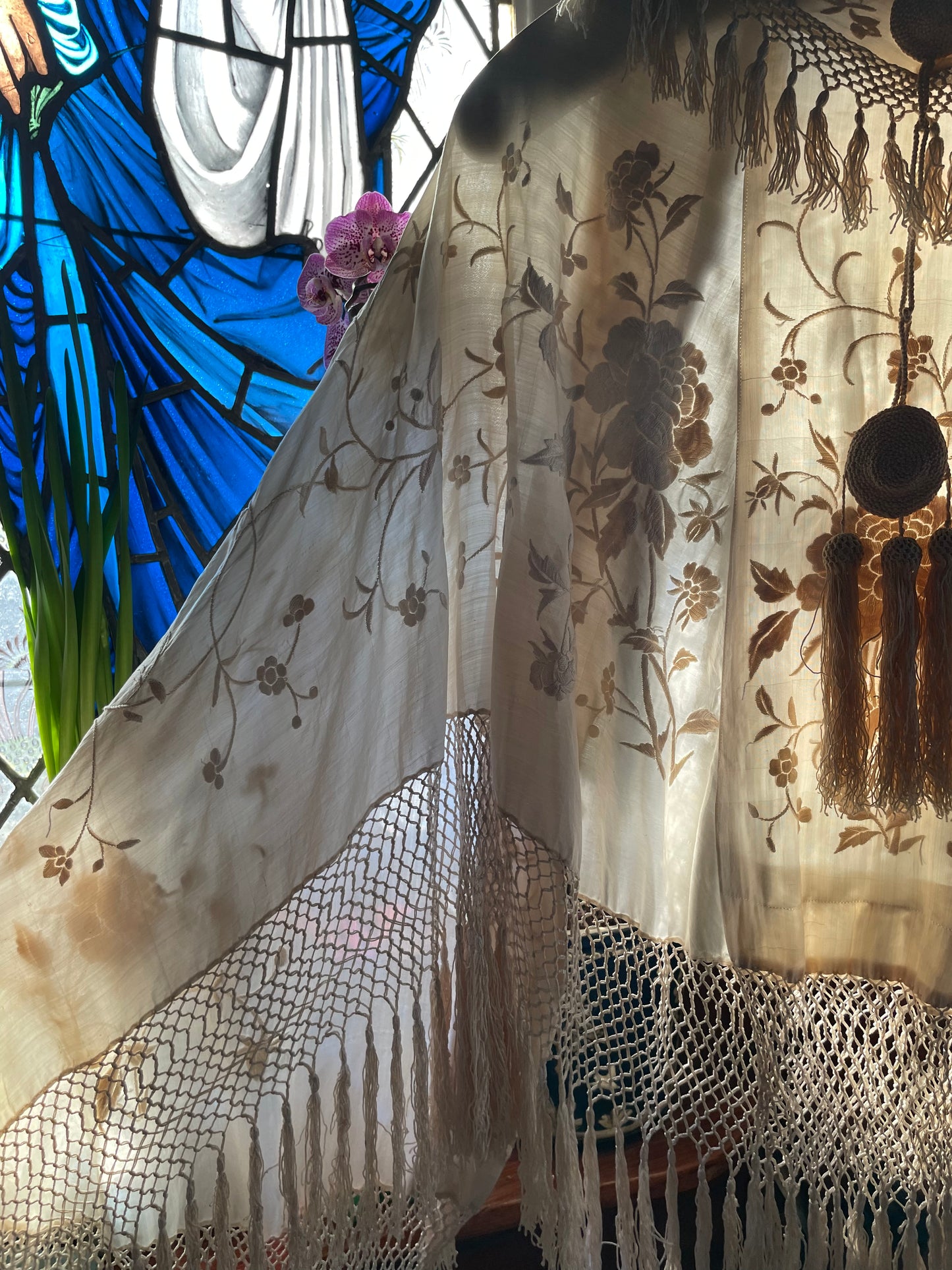 Antique Embroidered Silk Knotted Fringe Shawl