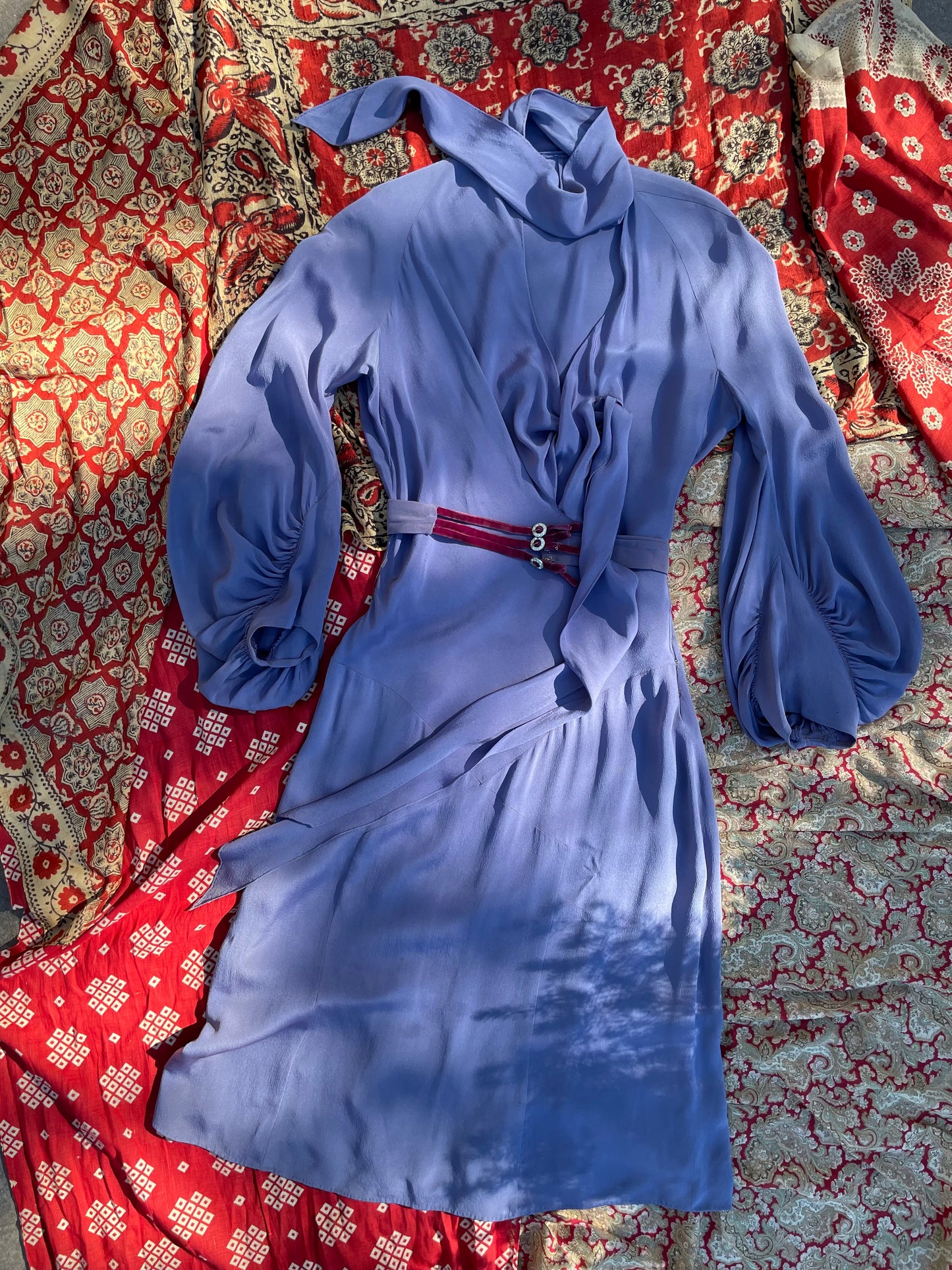 1930s Periwinkle Rayon Crepe Balloon Sleeve Midi Dress