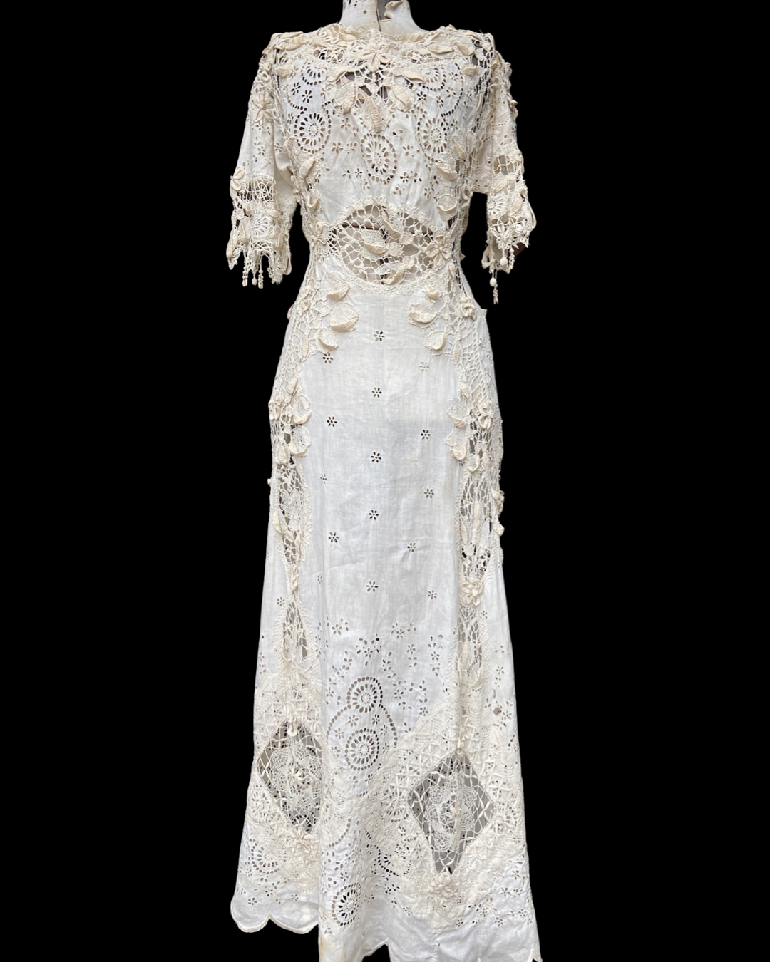 Antique Titanic Era Hand Sewn Eyelet Irish Lace Gown