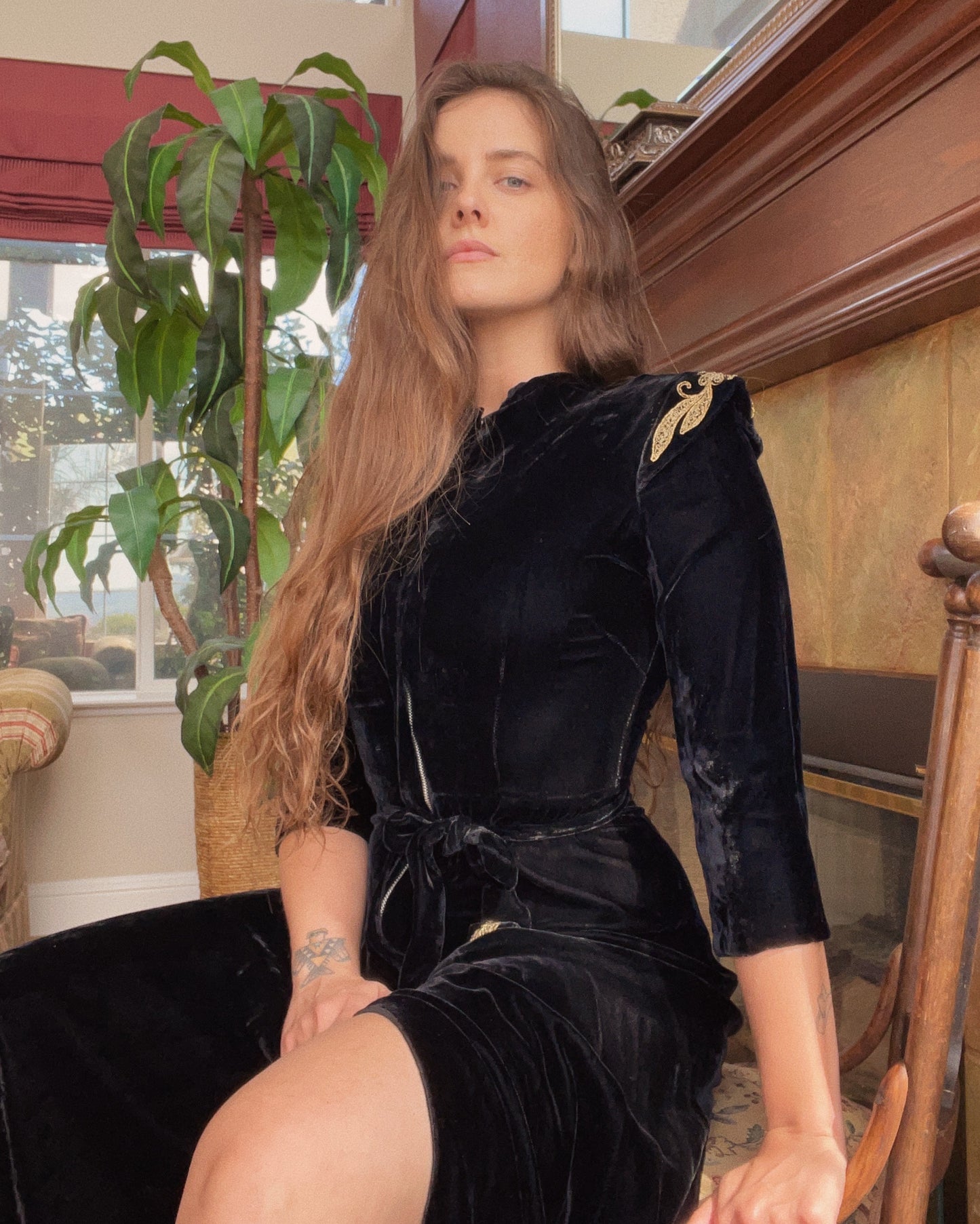 1940s Zip Front Velvet Dress