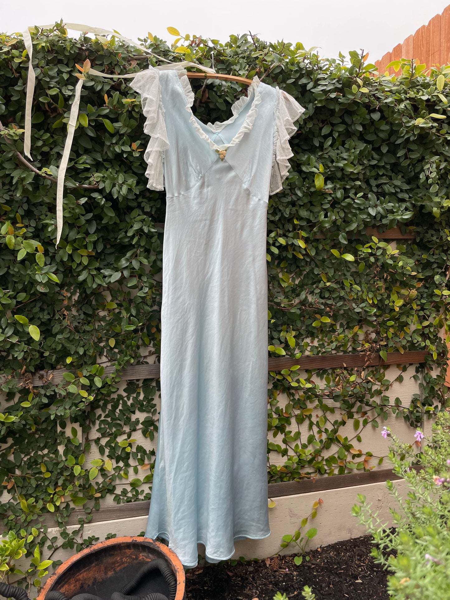 1930s Icey Blue Bias Cut Flutter Sleeve Satin Slip Dress