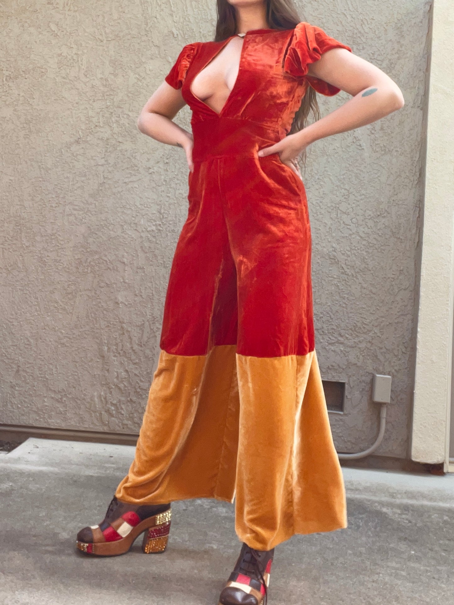 1930s Silk Velvet Color Block Wide Leg Jumpsuit