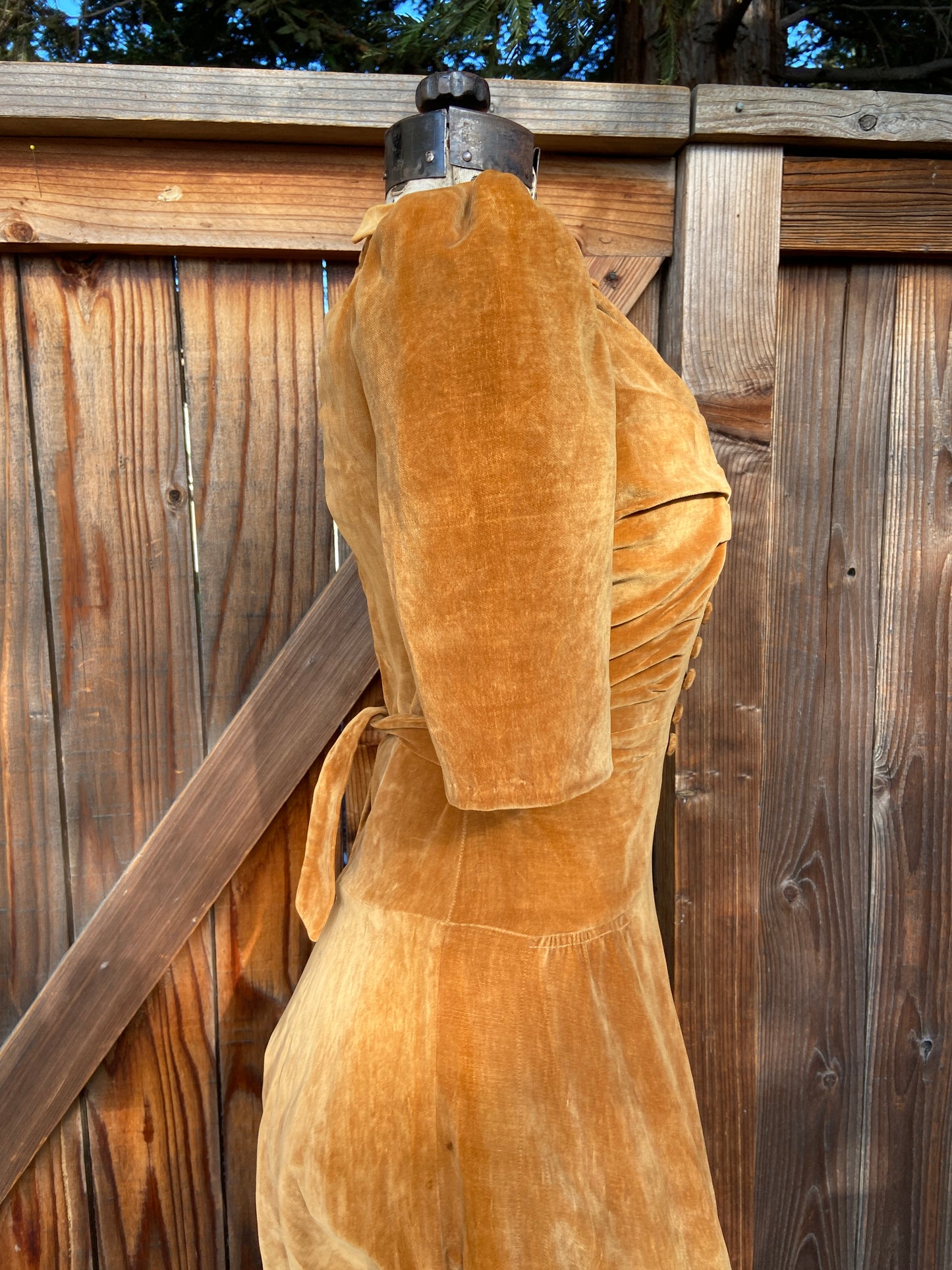 1930s Copper Crushed Velvet Puff Sleeve Dress