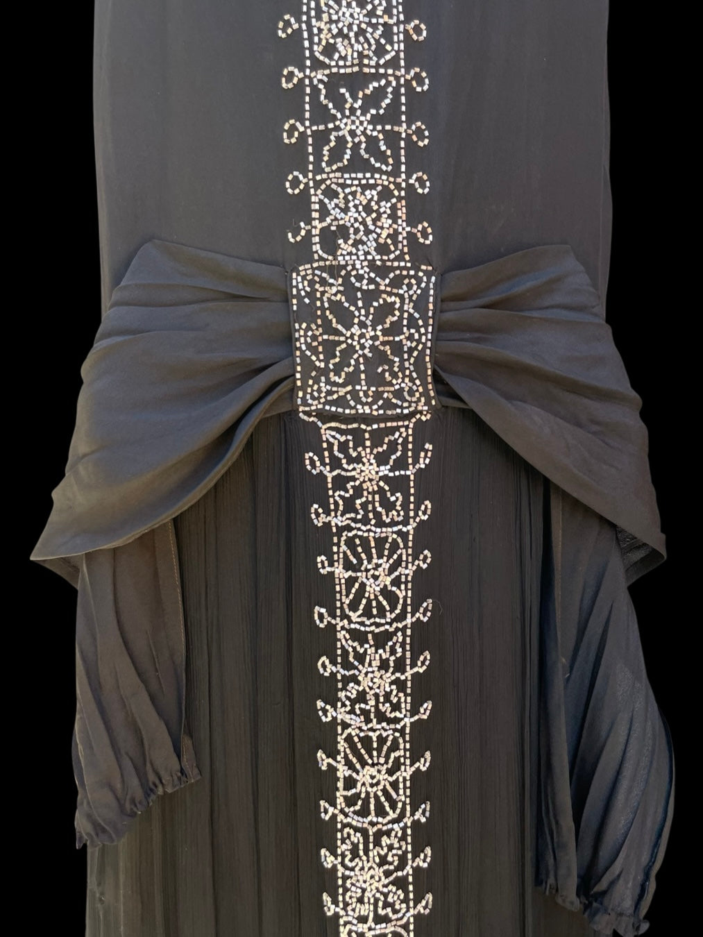 1920s Beaded Chiffon and Crepe Bow Dress