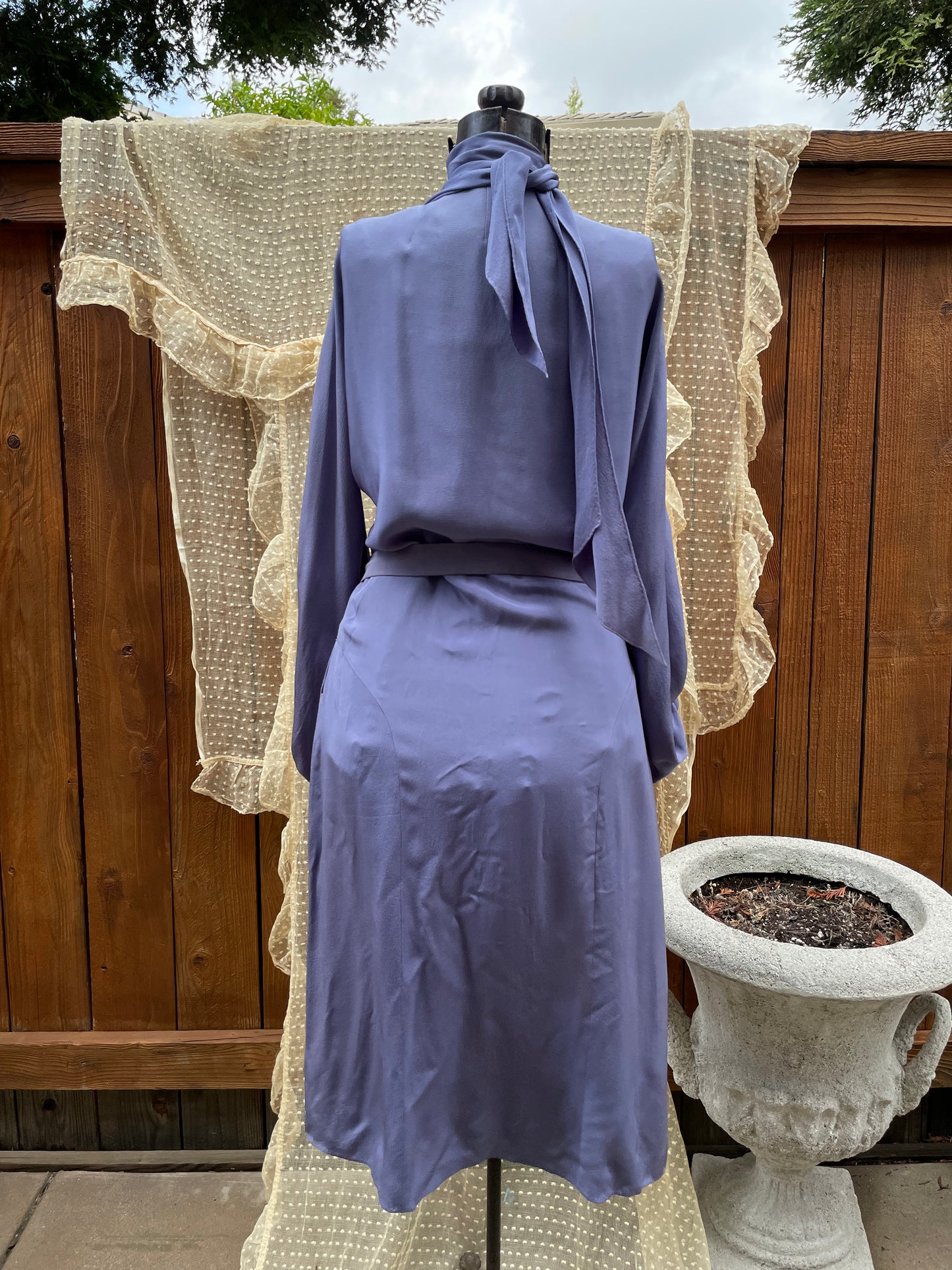 1930s Periwinkle Rayon Crepe Balloon Sleeve Midi Dress