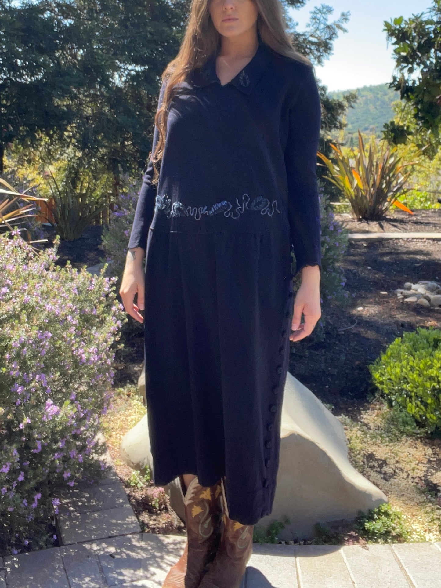Rare 1920s Foliage Embroidered Knit Midi Dress