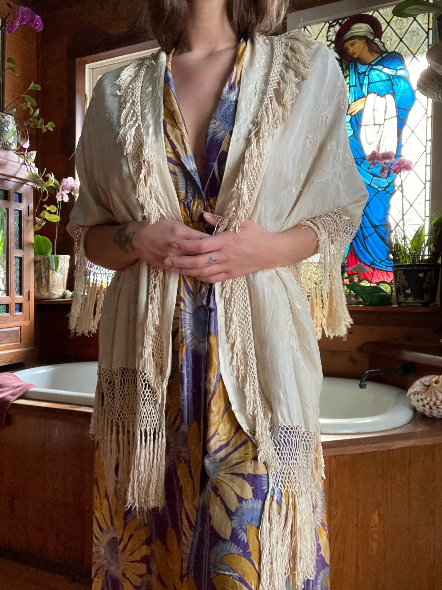 Antique Embroidered Silk Knotted Fringe Shawl