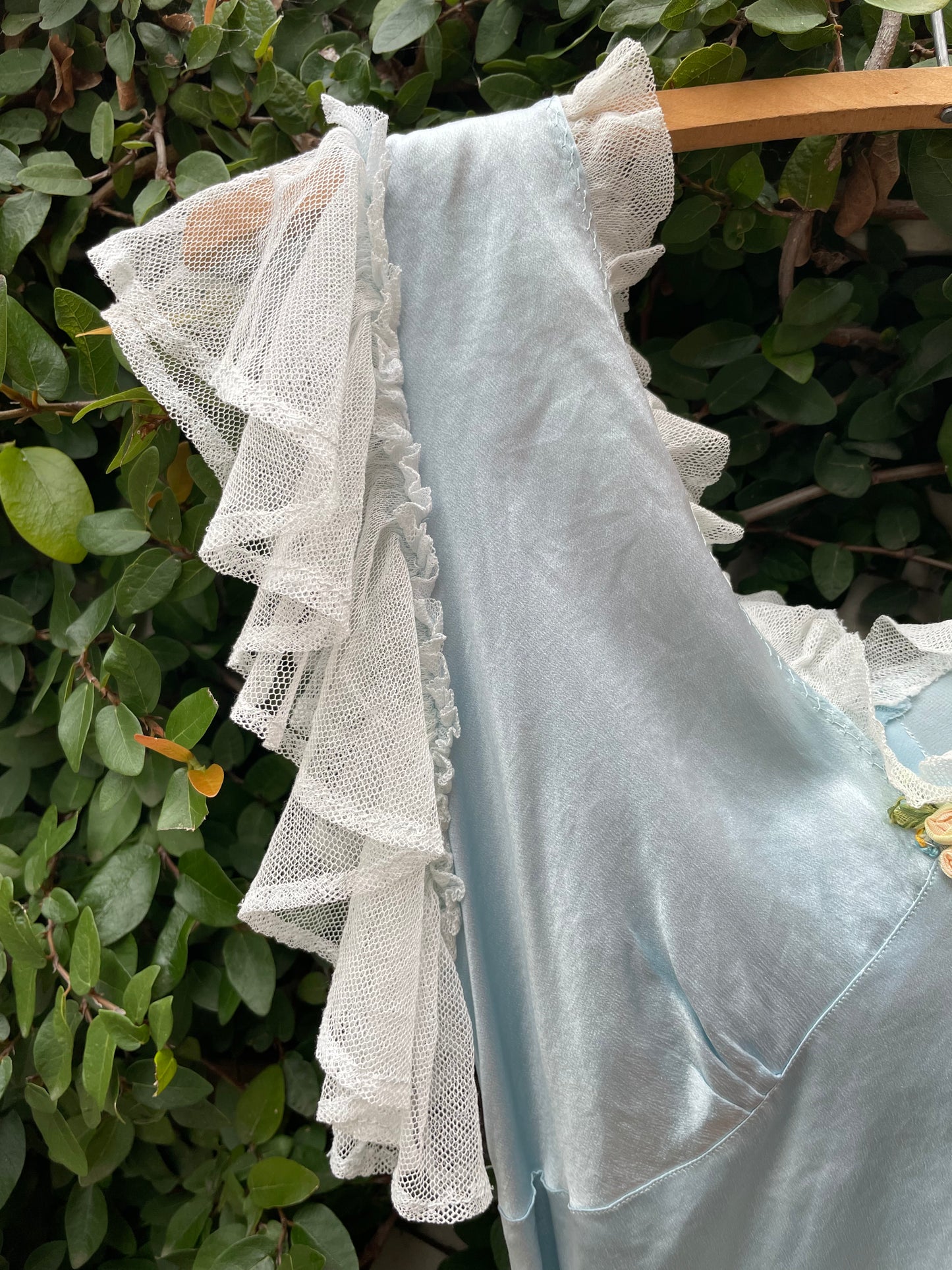 1930s Icey Blue Bias Cut Flutter Sleeve Satin Slip Dress