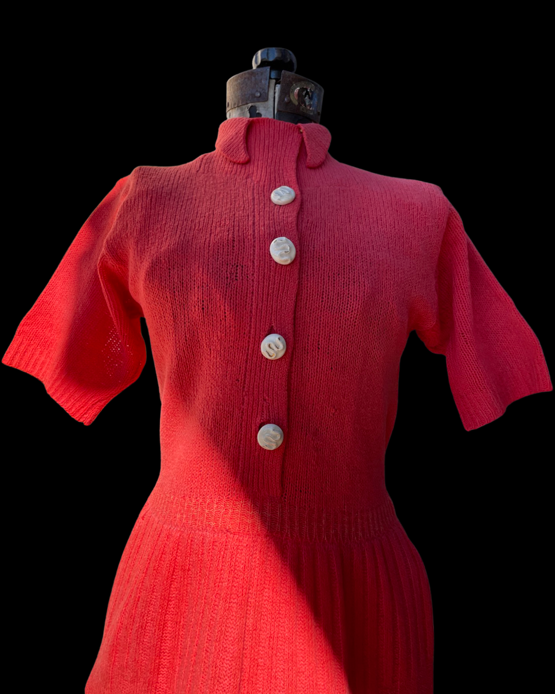 1930s Hand knit Wool Midi Dress Ceramic Snake Buttons