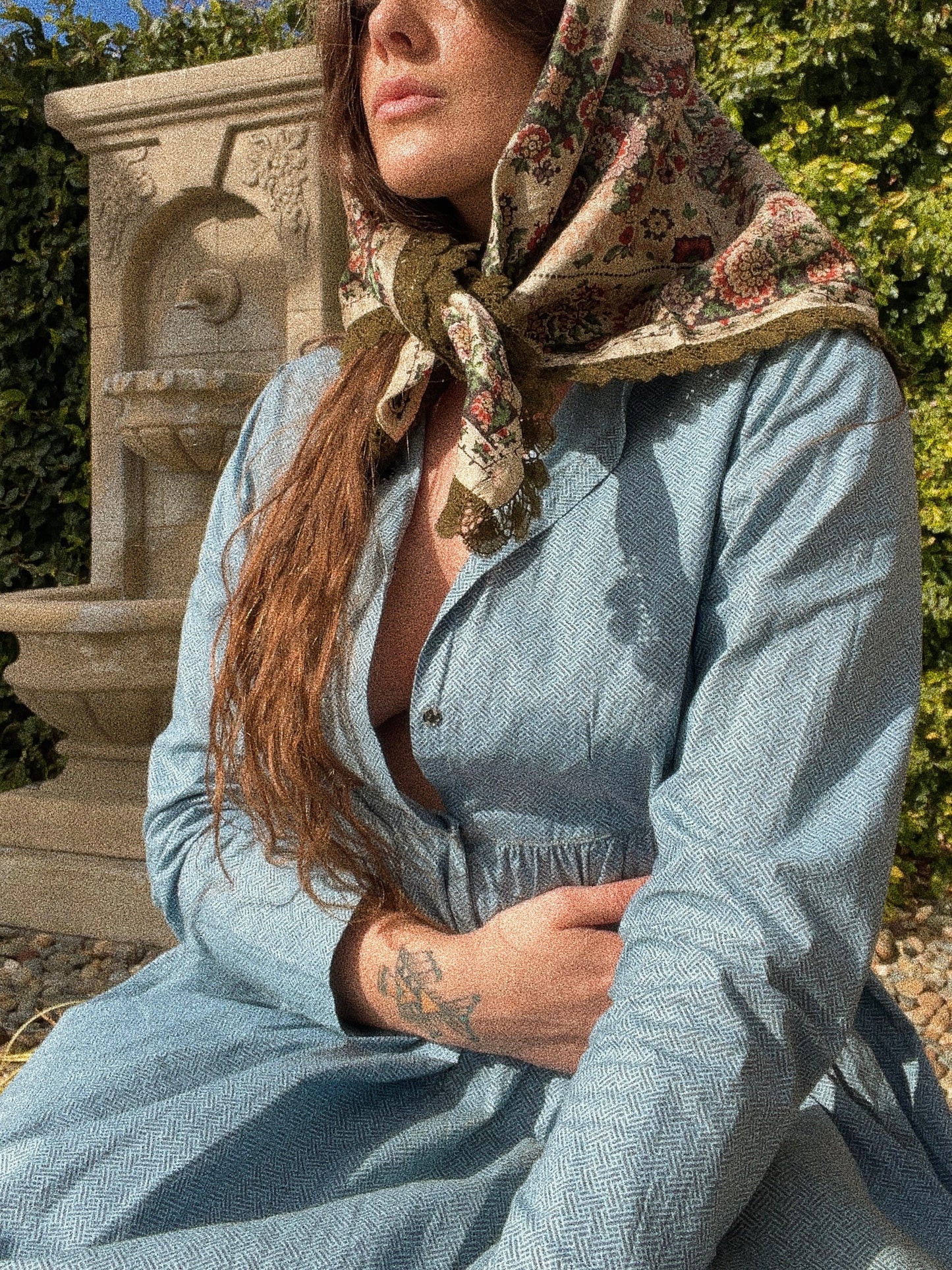 Antique Teens Cornflower Blue Printed Work Dress