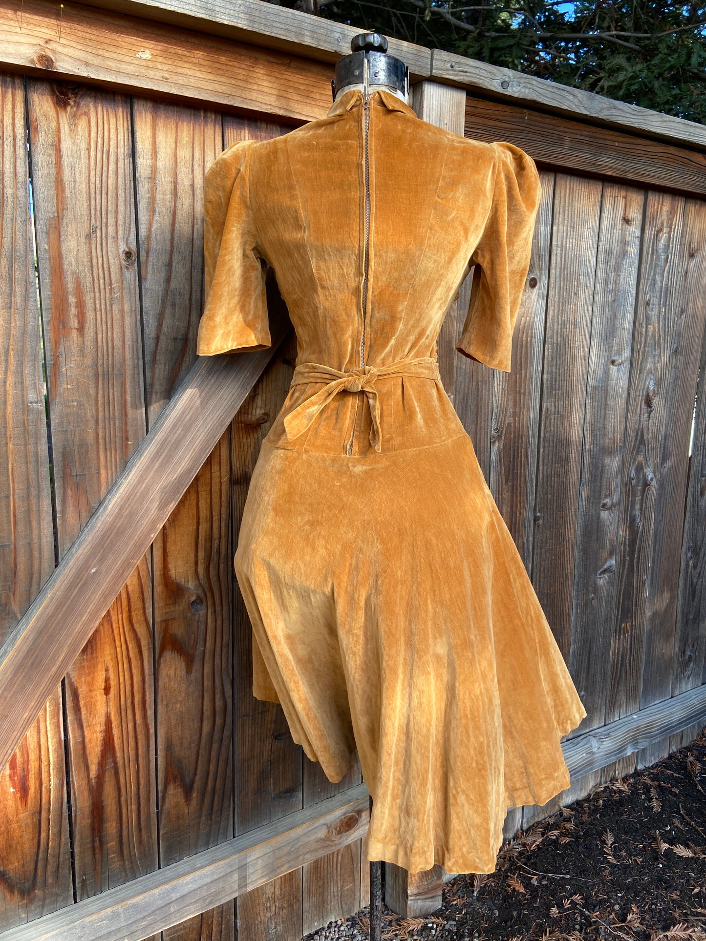 1930s Copper Crushed Velvet Puff Sleeve Dress