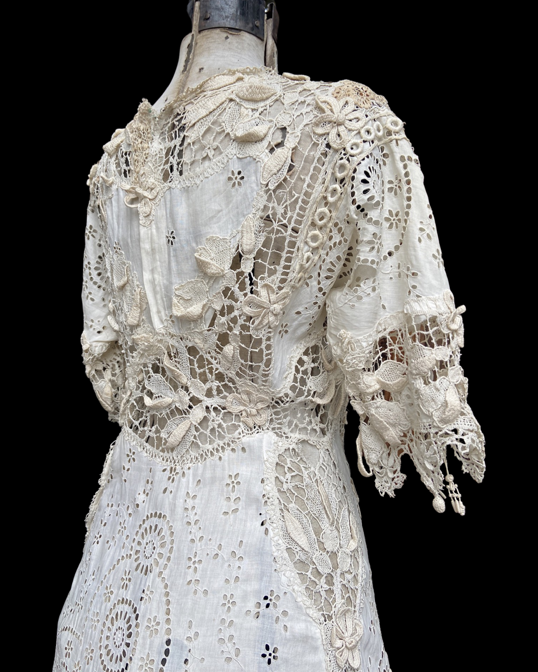 Antique Titanic Era Hand Sewn Eyelet Irish Lace Gown