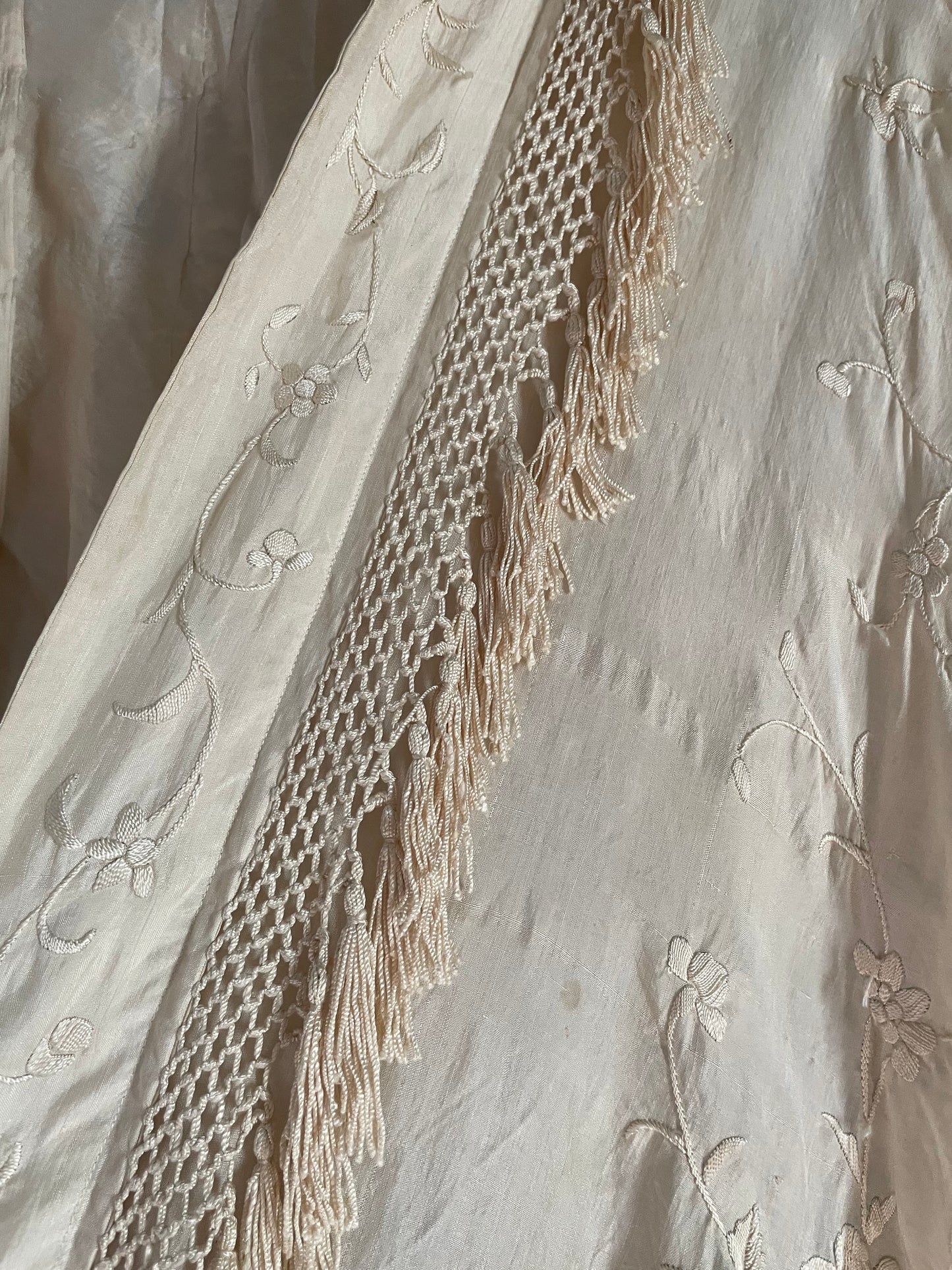 Antique Embroidered Silk Knotted Fringe Shawl