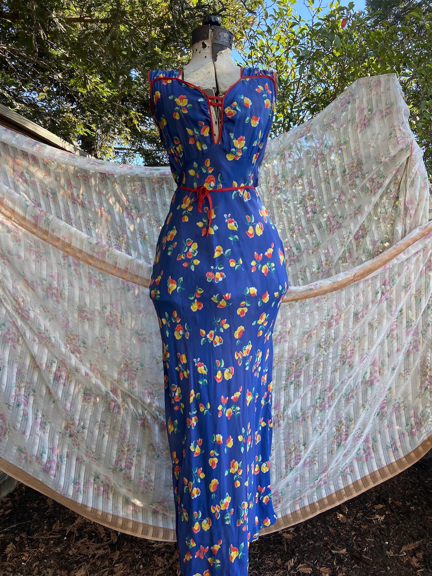 1930s Bias Cut Rayon Keyhole Floral Slip Dress