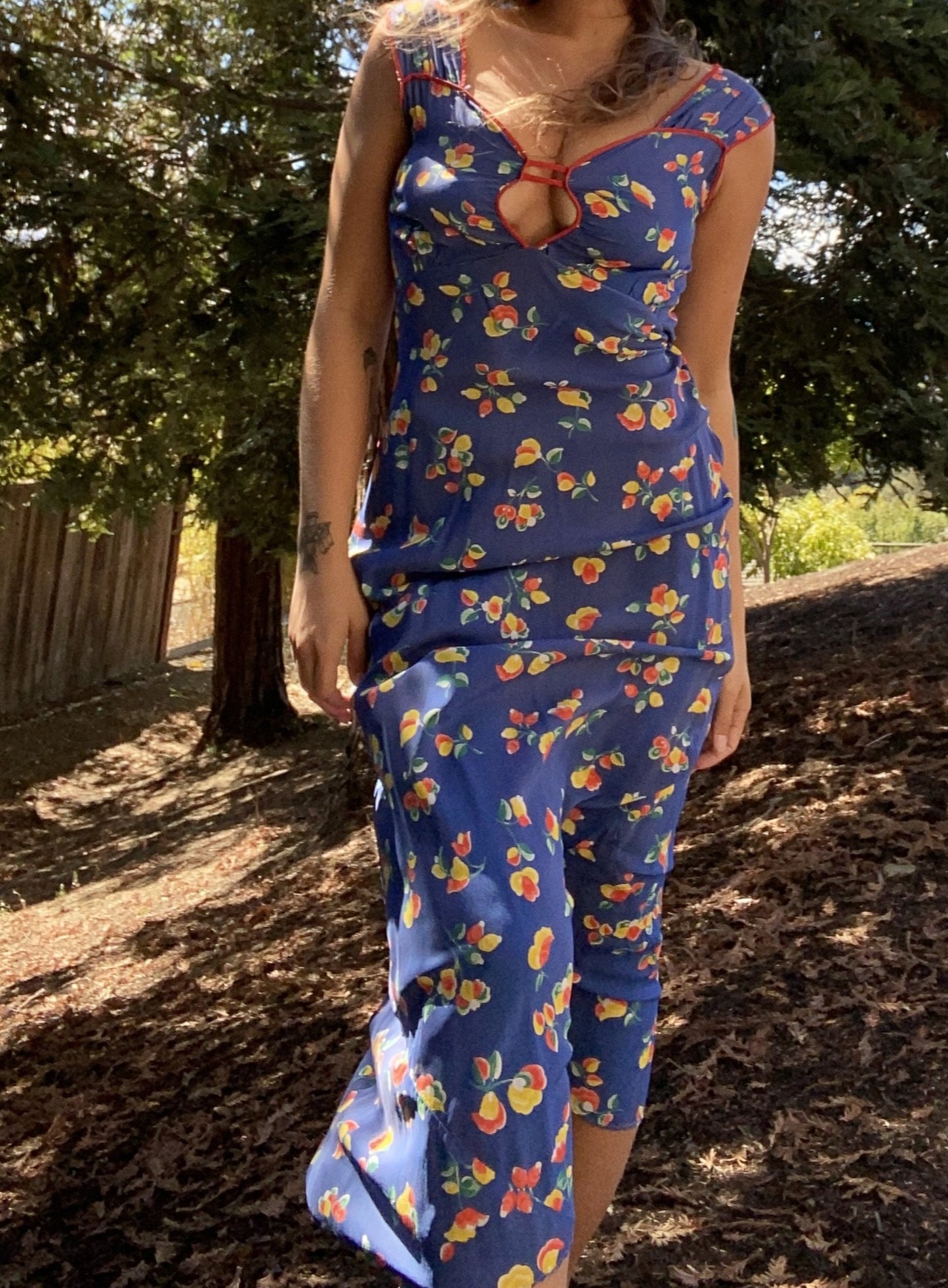 1930s Bias Cut Rayon Keyhole Floral Slip Dress