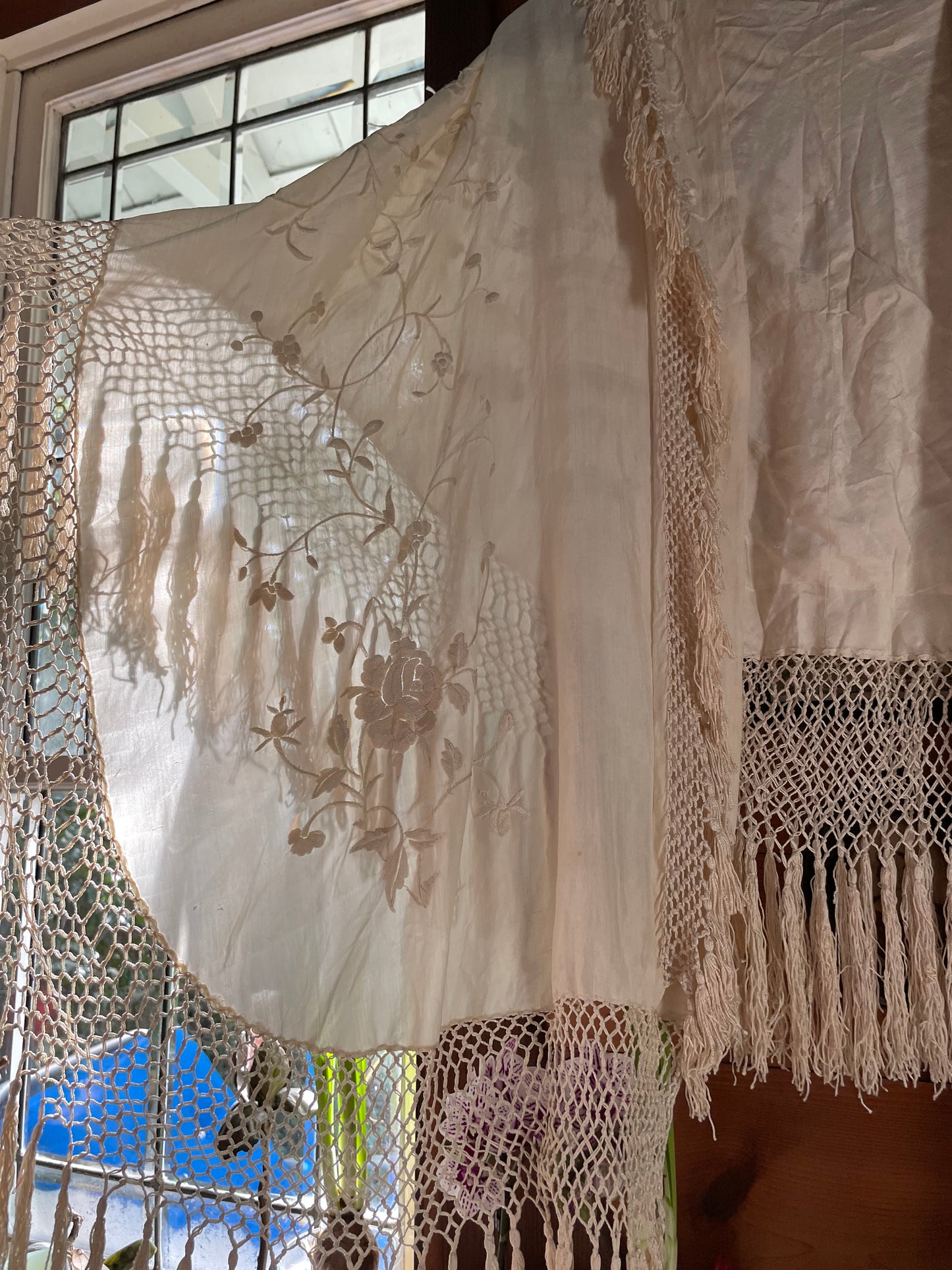 Antique Embroidered Silk Knotted Fringe Shawl
