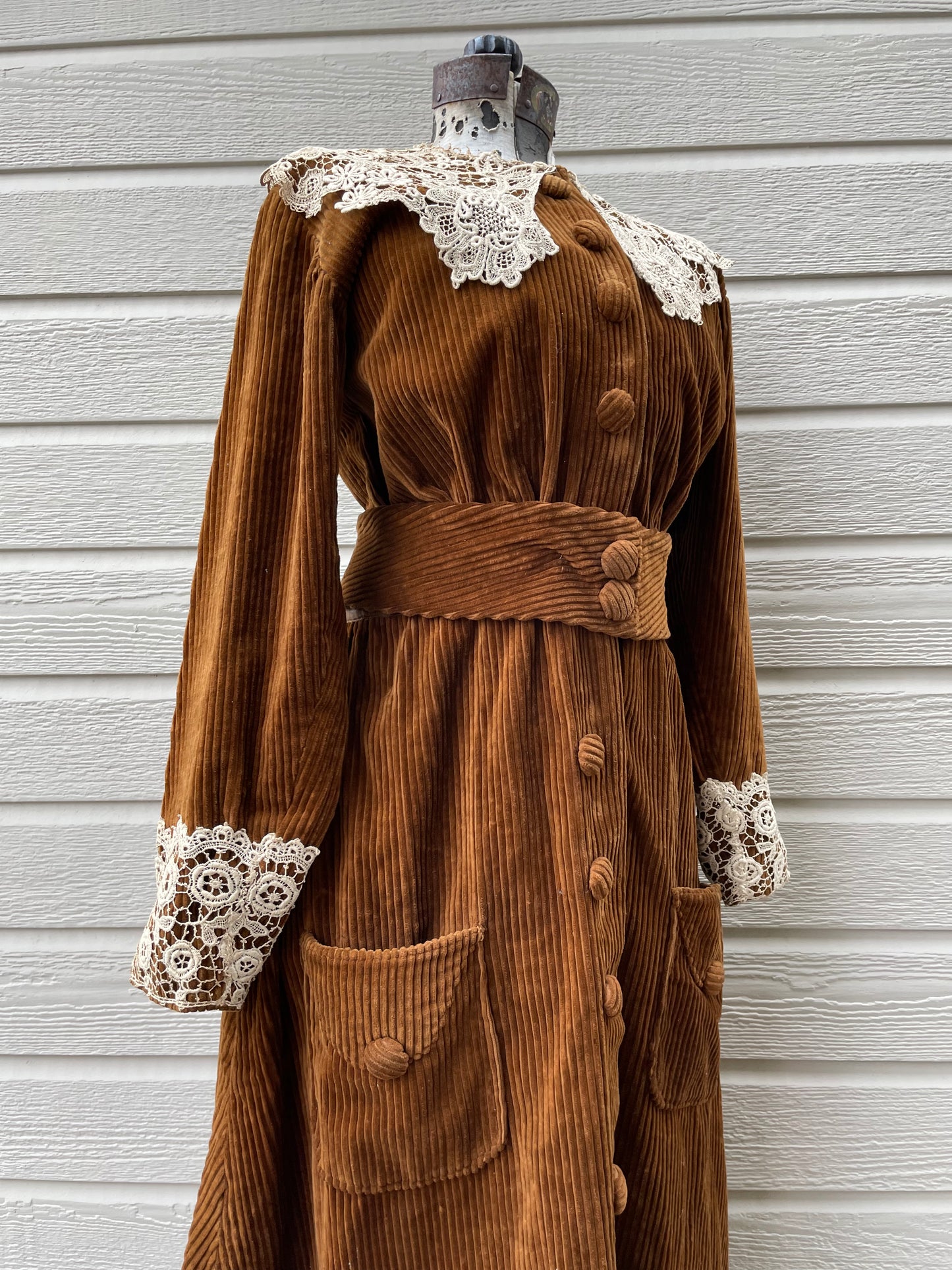 Antique 1910s Corduroy Button Front Day Dress