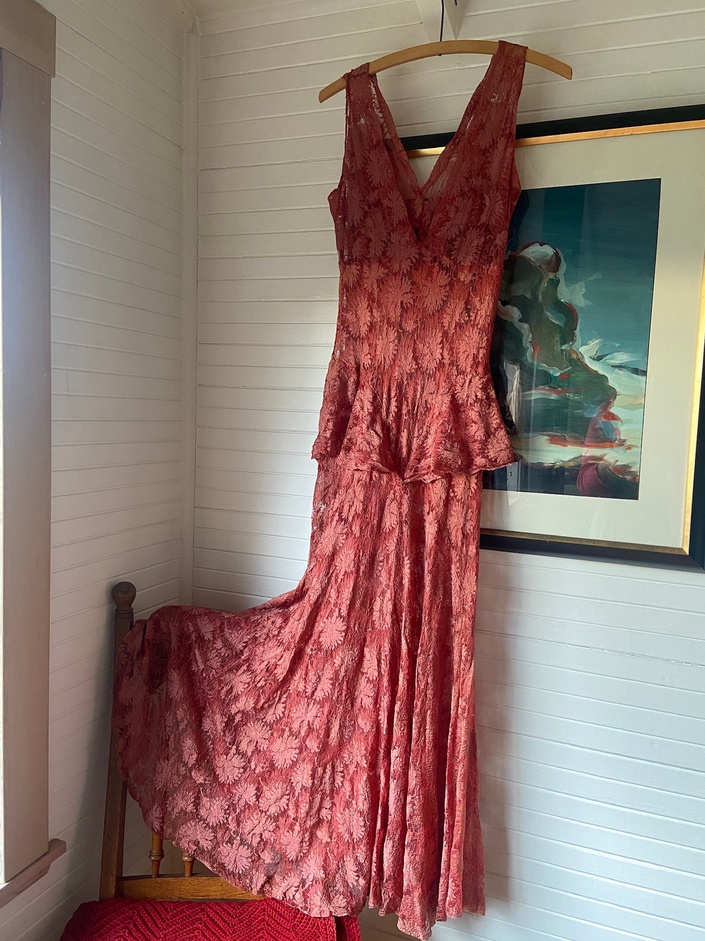 1930s Coral Bias Cut Lace Dress