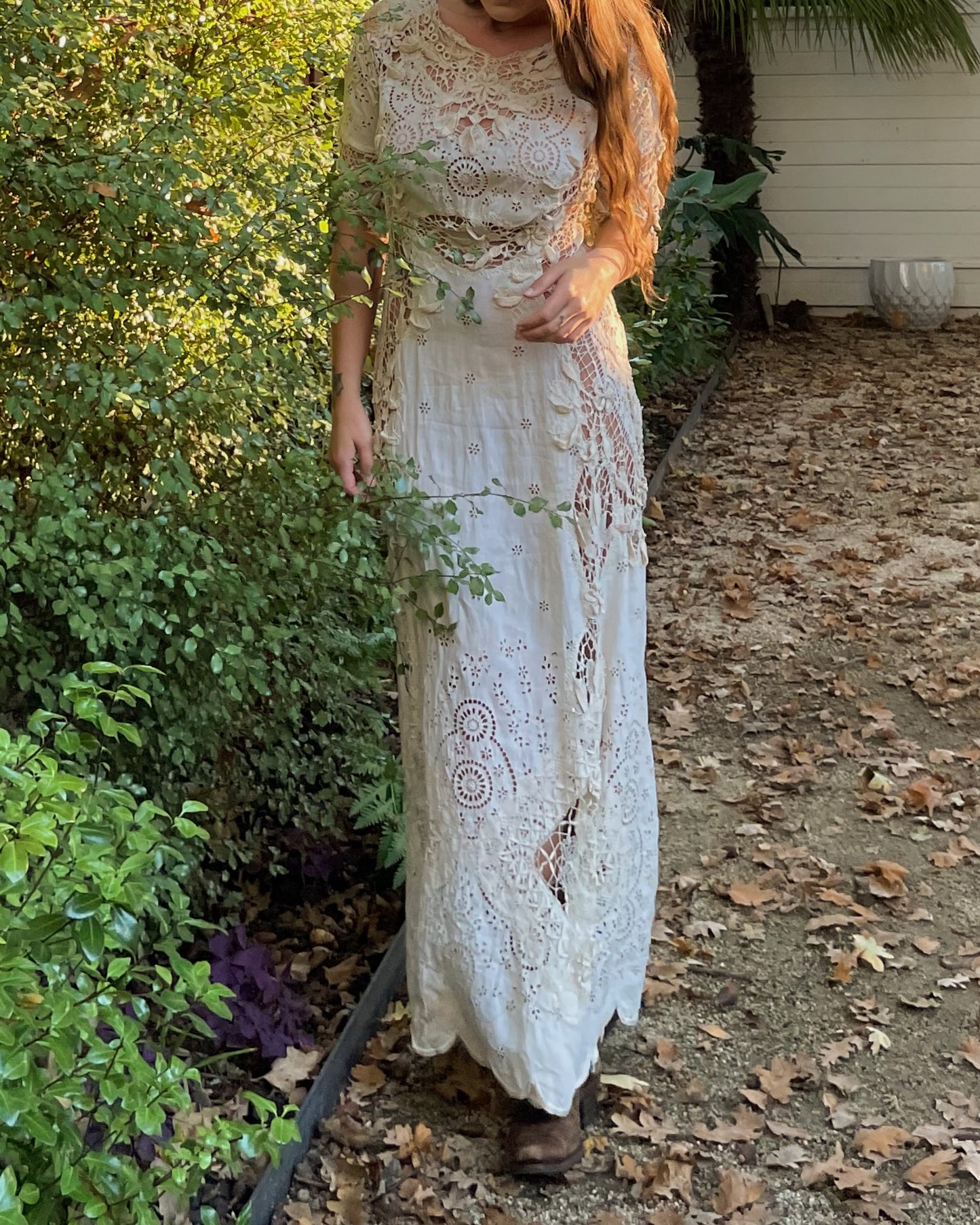 Antique Titanic Era Hand Sewn Eyelet Irish Lace Gown