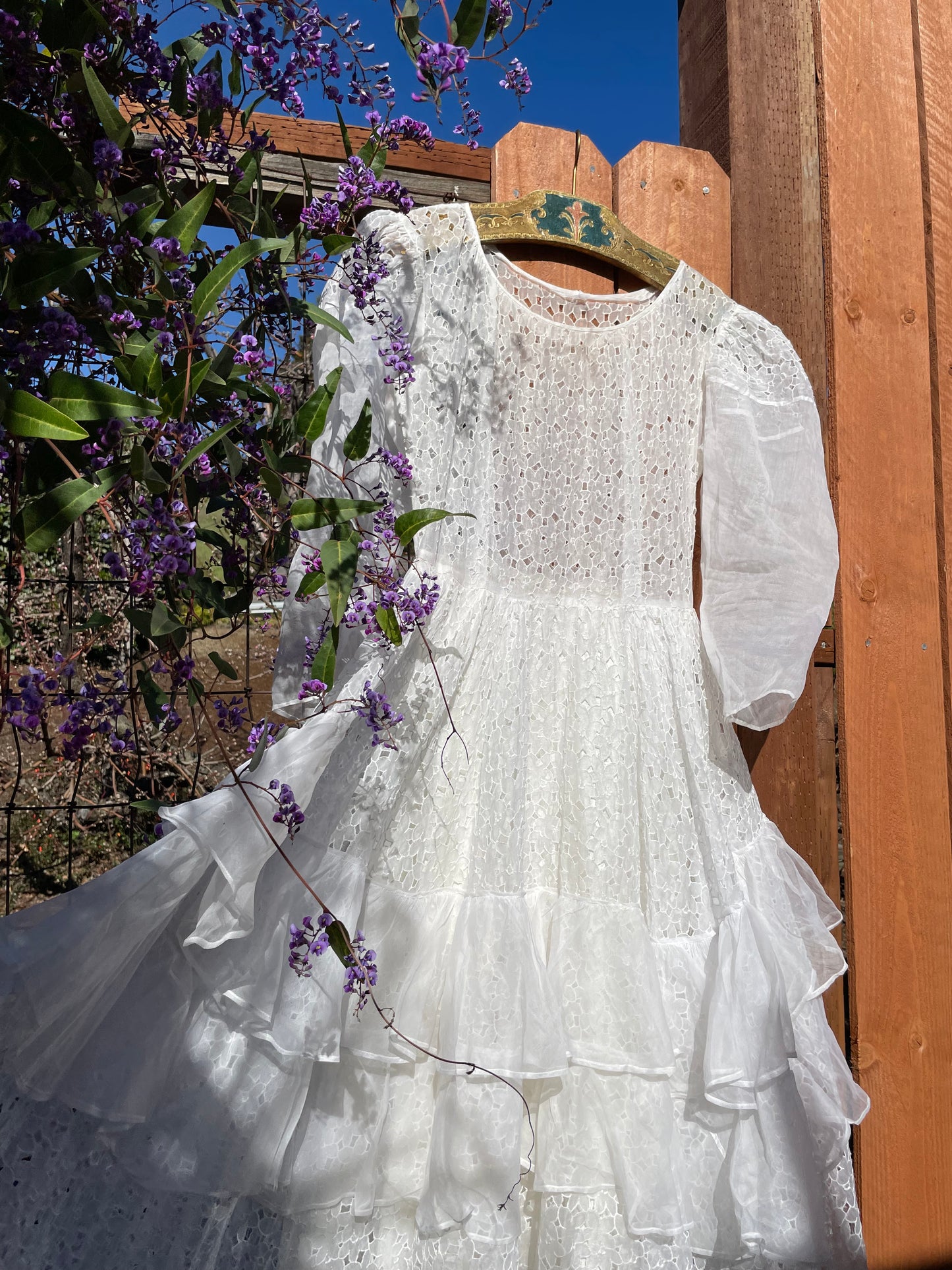 1930s/1940s Eyelet Cutwork Tiered Ruffle Organdy Wedding Dress