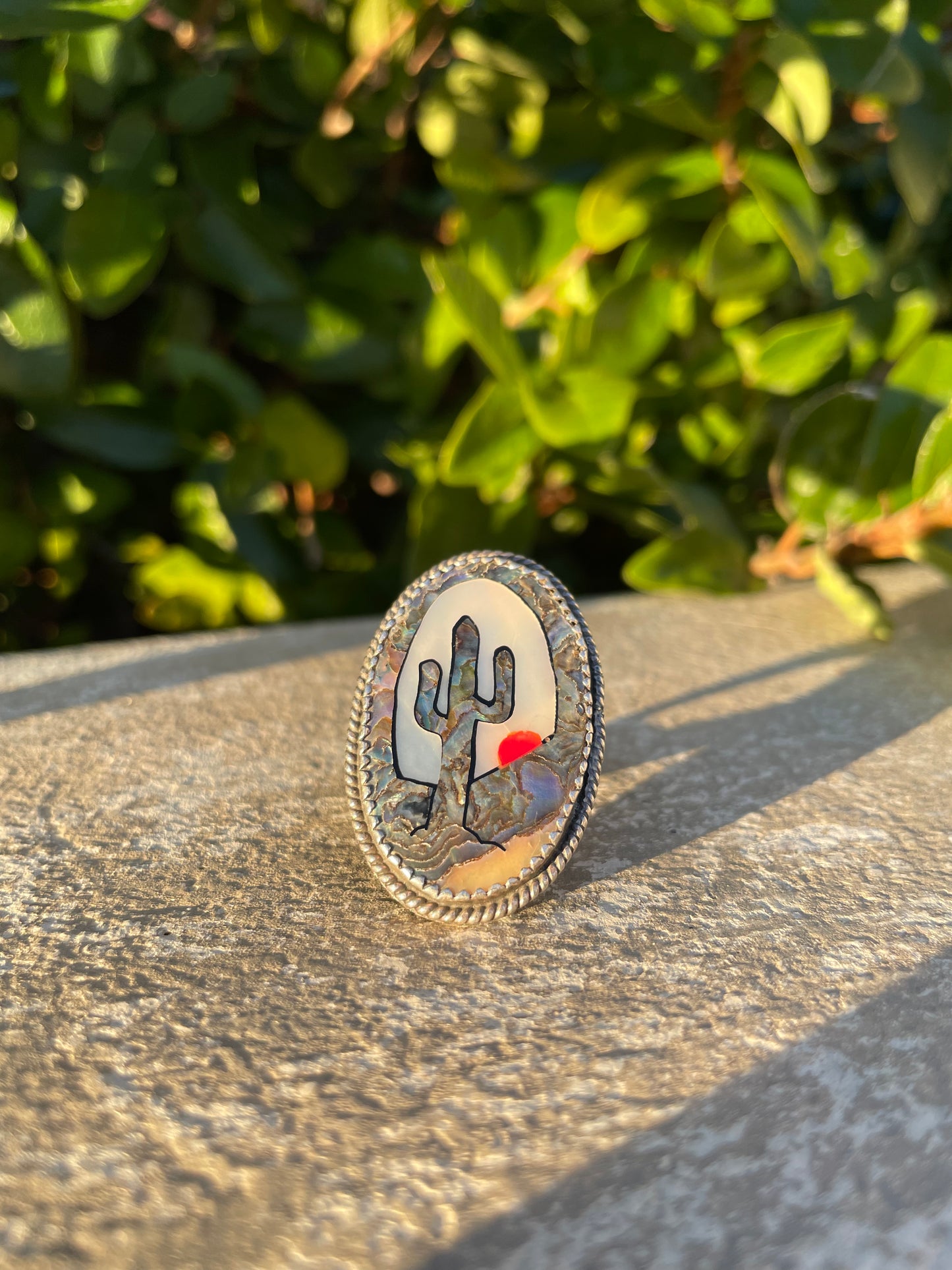 1970s Sterling Inlay Abalone Cactus & Sunset Ring