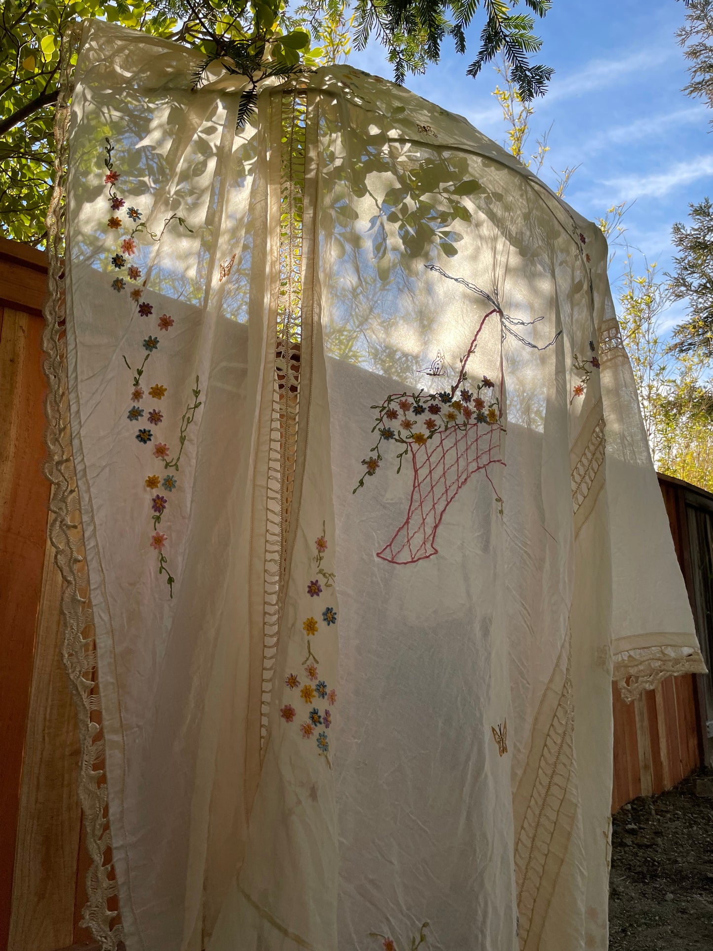 Antique 1900s Embroidered Flower Basket Bed Cover