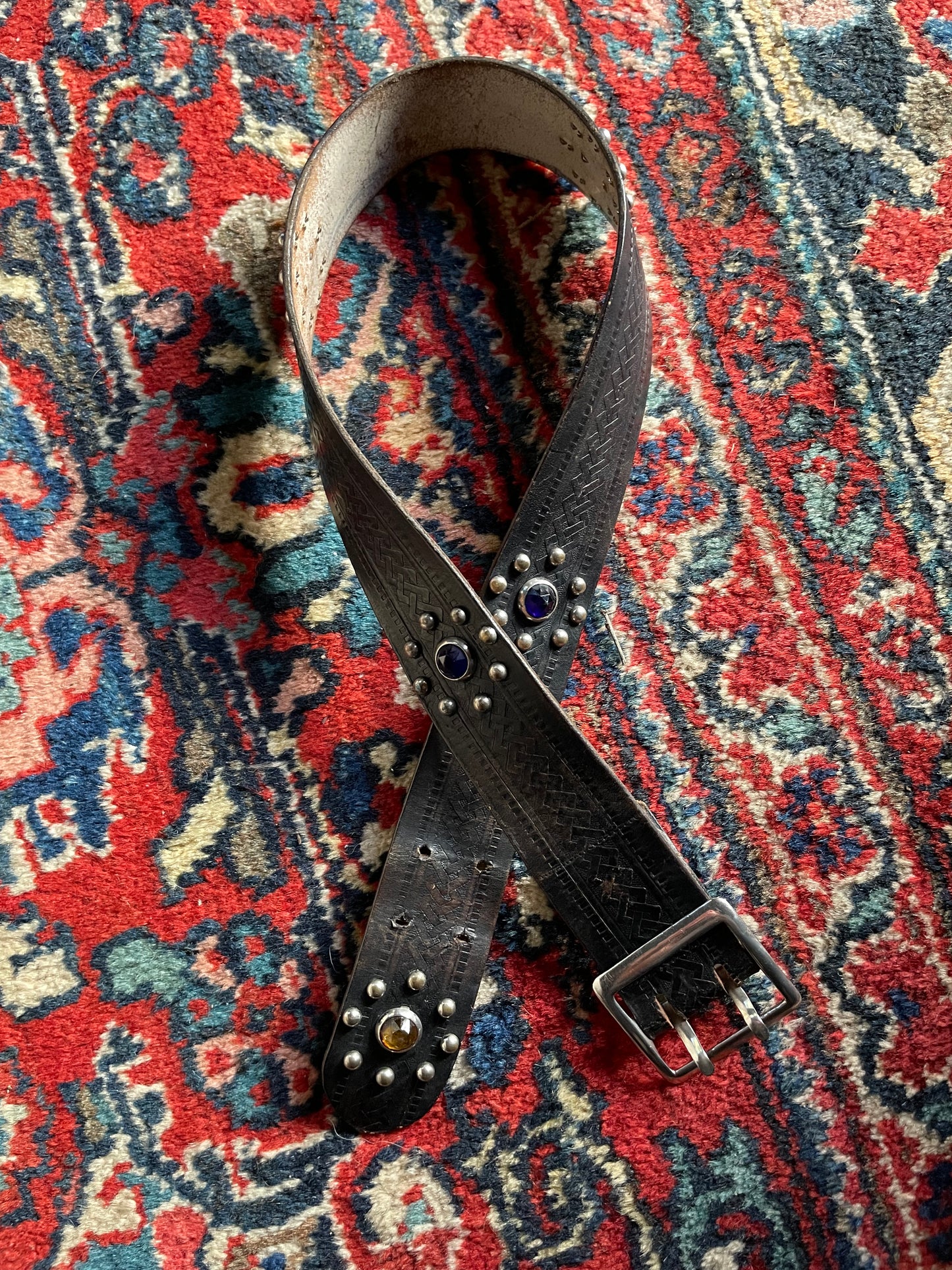 1950s Studded Jeweled Engraved Leather Belt