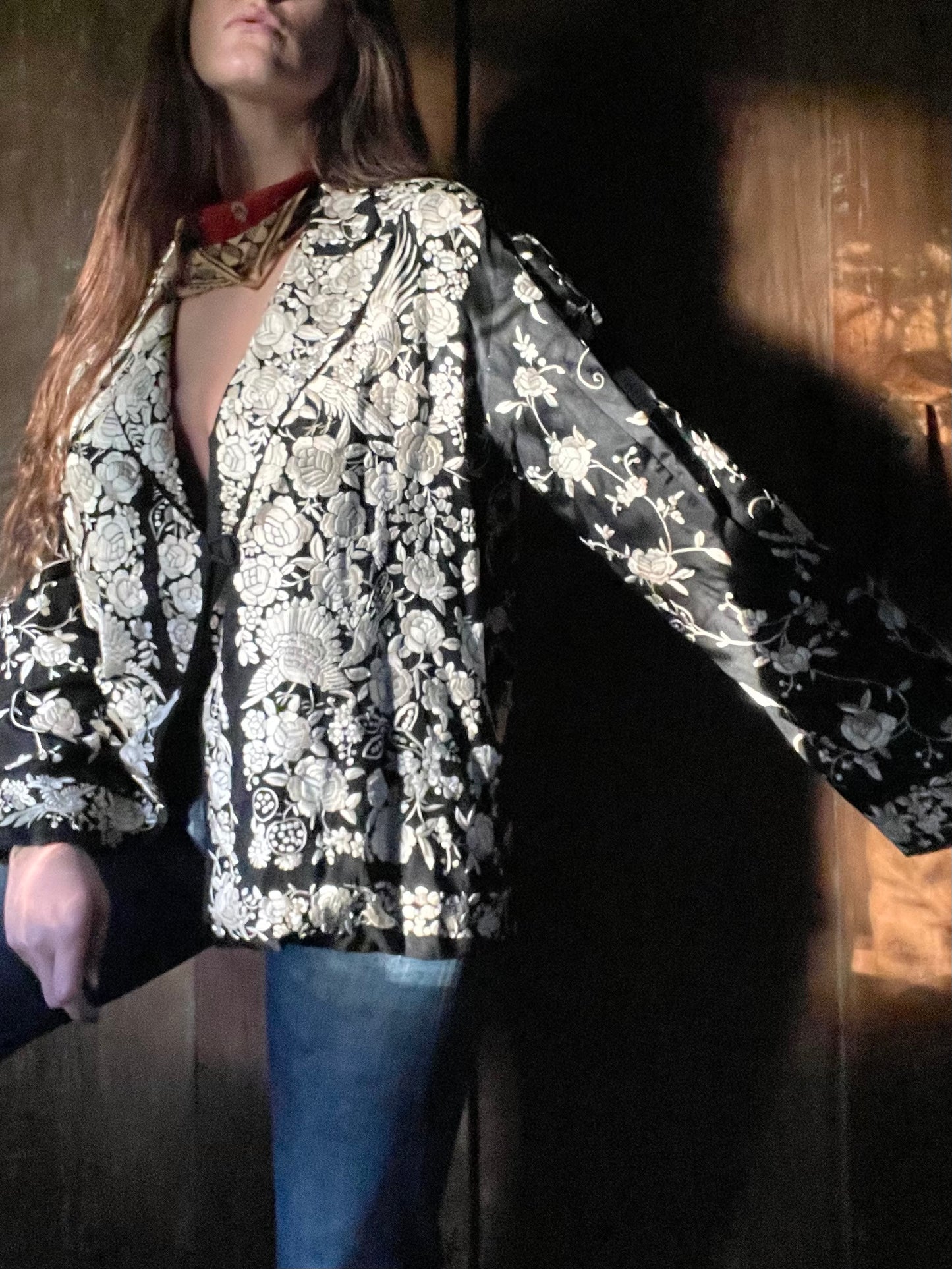 1920s Chinese Densely Embroidered Peacock Floral Silk Coat