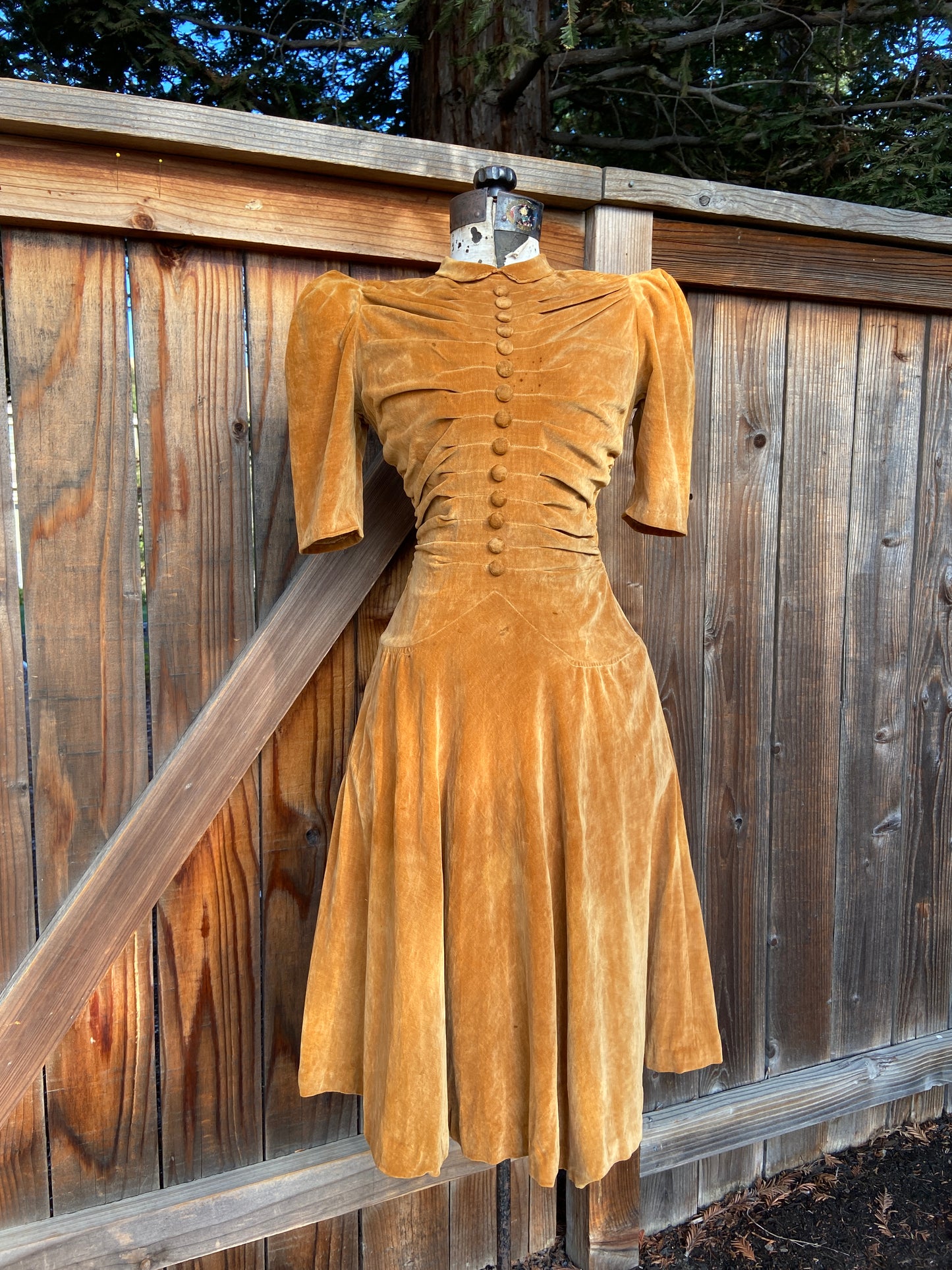 1930s Copper Crushed Velvet Puff Sleeve Dress