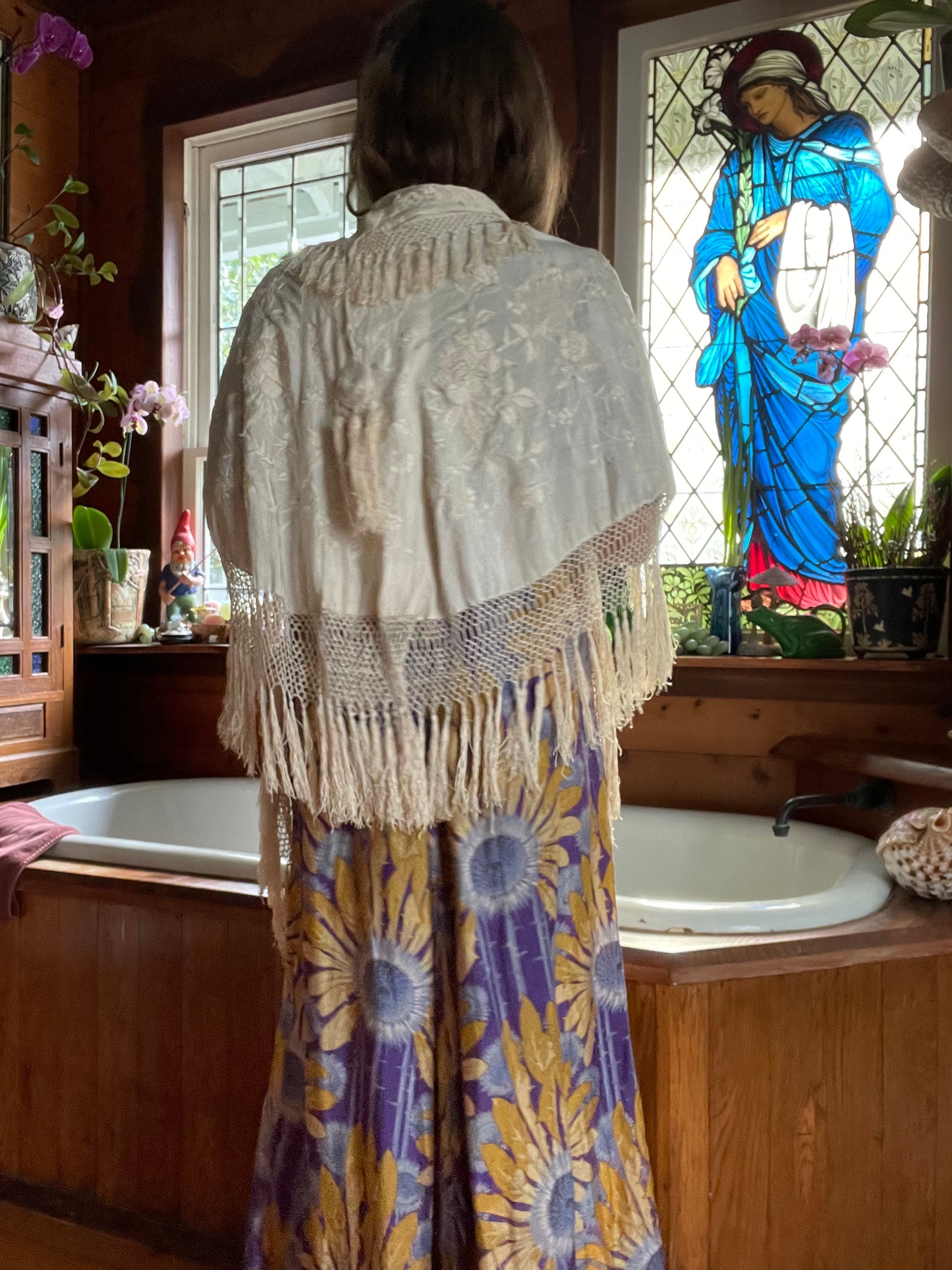 Antique Embroidered Silk Knotted Fringe Shawl