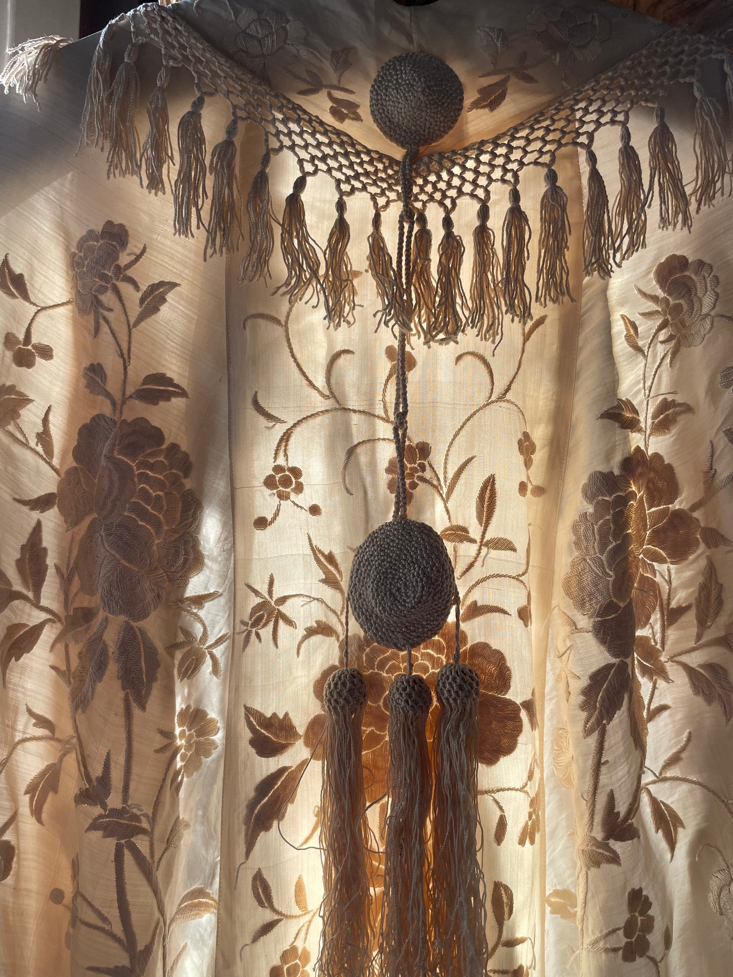Antique Embroidered Silk Knotted Fringe Shawl