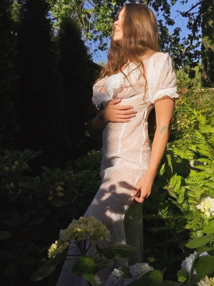 1930s Floral Organza Plunging V-Neckline Dress